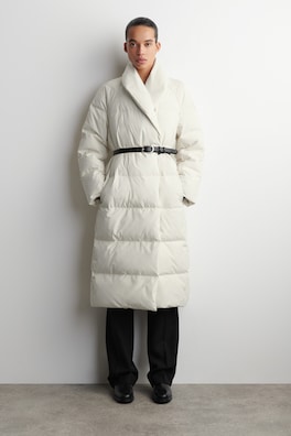 SHAWL-COLLAR QUILTED DOWN LONG COAT — OFF-WHITE 1