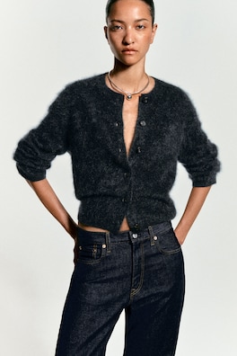 BRUSHED PURE CASHMERE CREW-NECK CARDIGAN — DARK GRAY 7