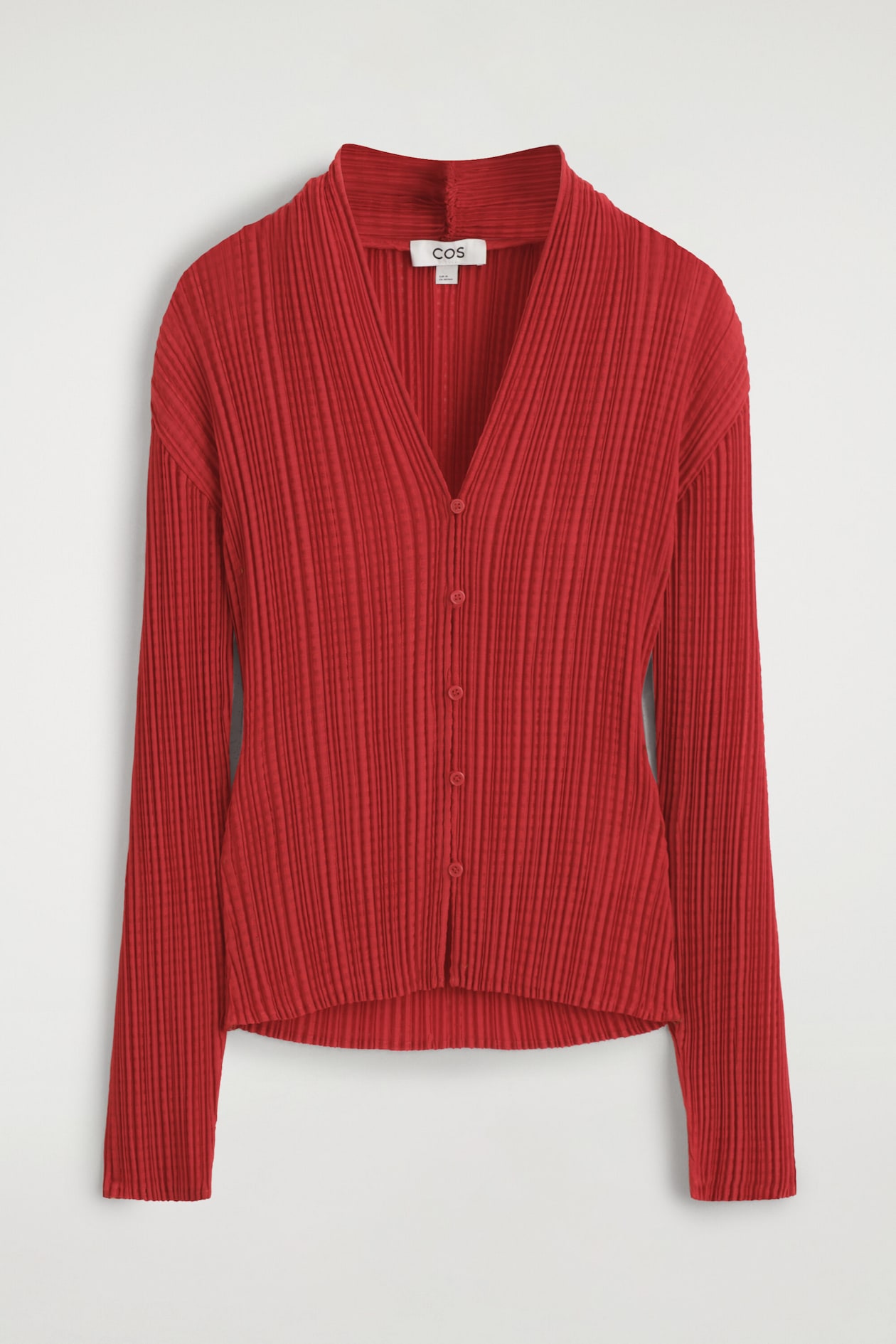 PLEATED JACQUARD CARDIGAN — RED