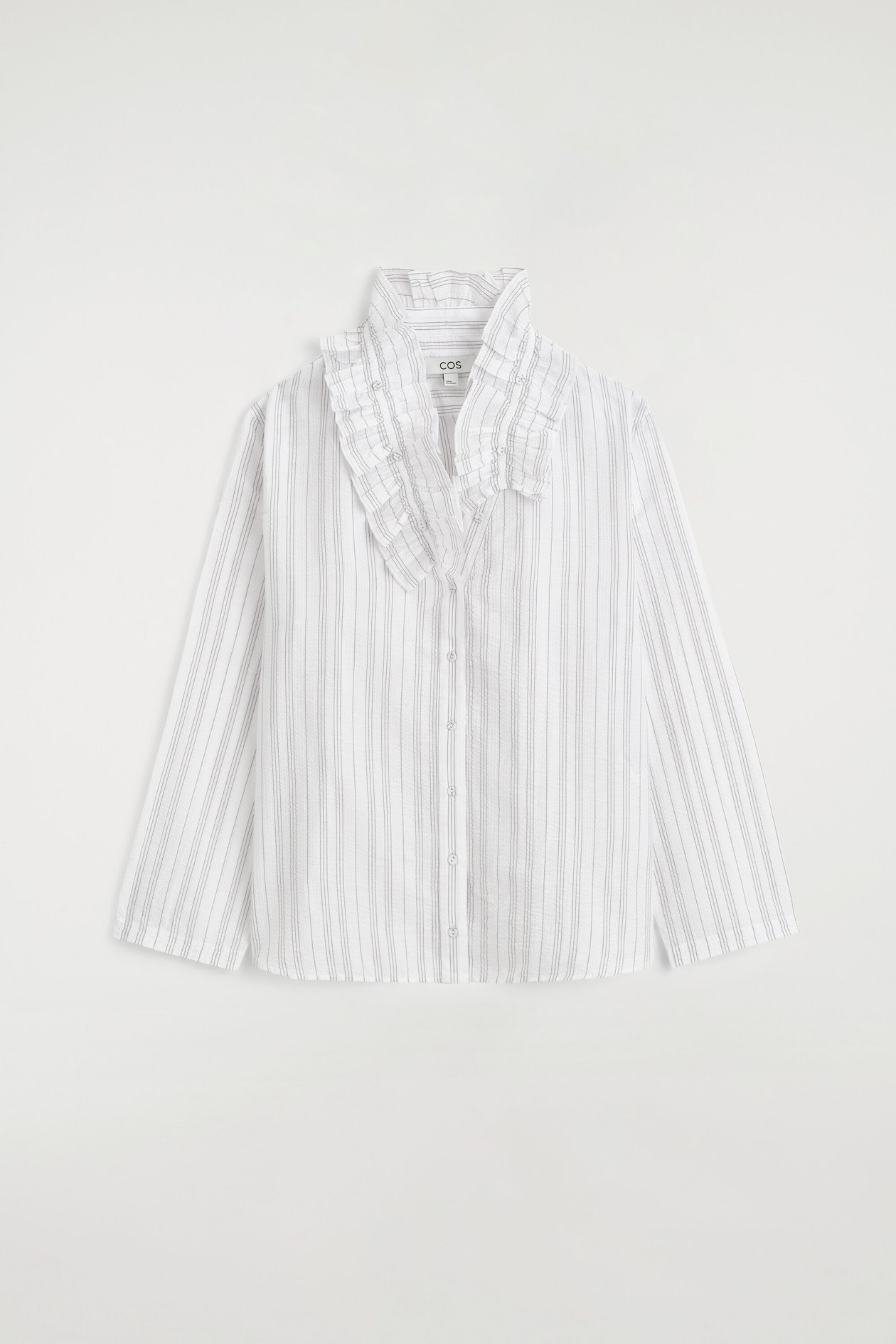 RUFFLE-COLLAR SEERSUCKER BLOUSE — WHITE / STRIPED