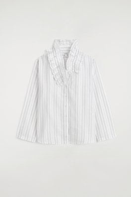 RUFFLE-COLLAR SEERSUCKER BLOUSE — WHITE / STRIPED 8
