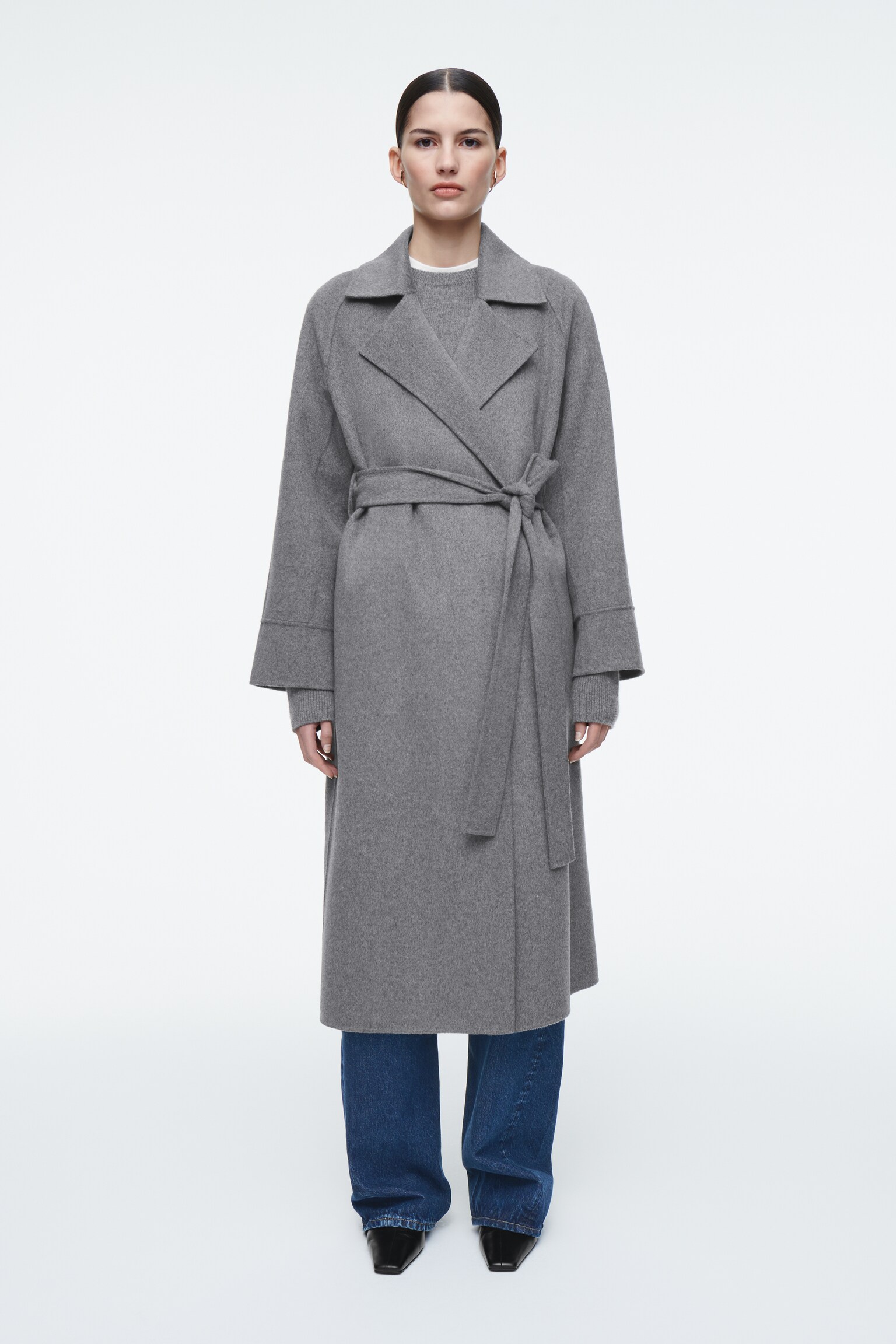 BELTED DOUBLE-FACED WOOL LONG COAT - GREY/BLACK - 6