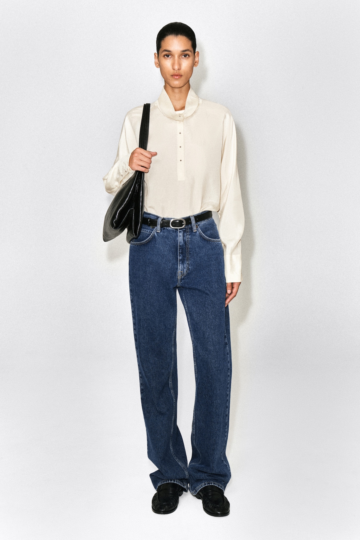STUD-DETAIL MOCK-NECK BLOUSE — CAPPUCCINO