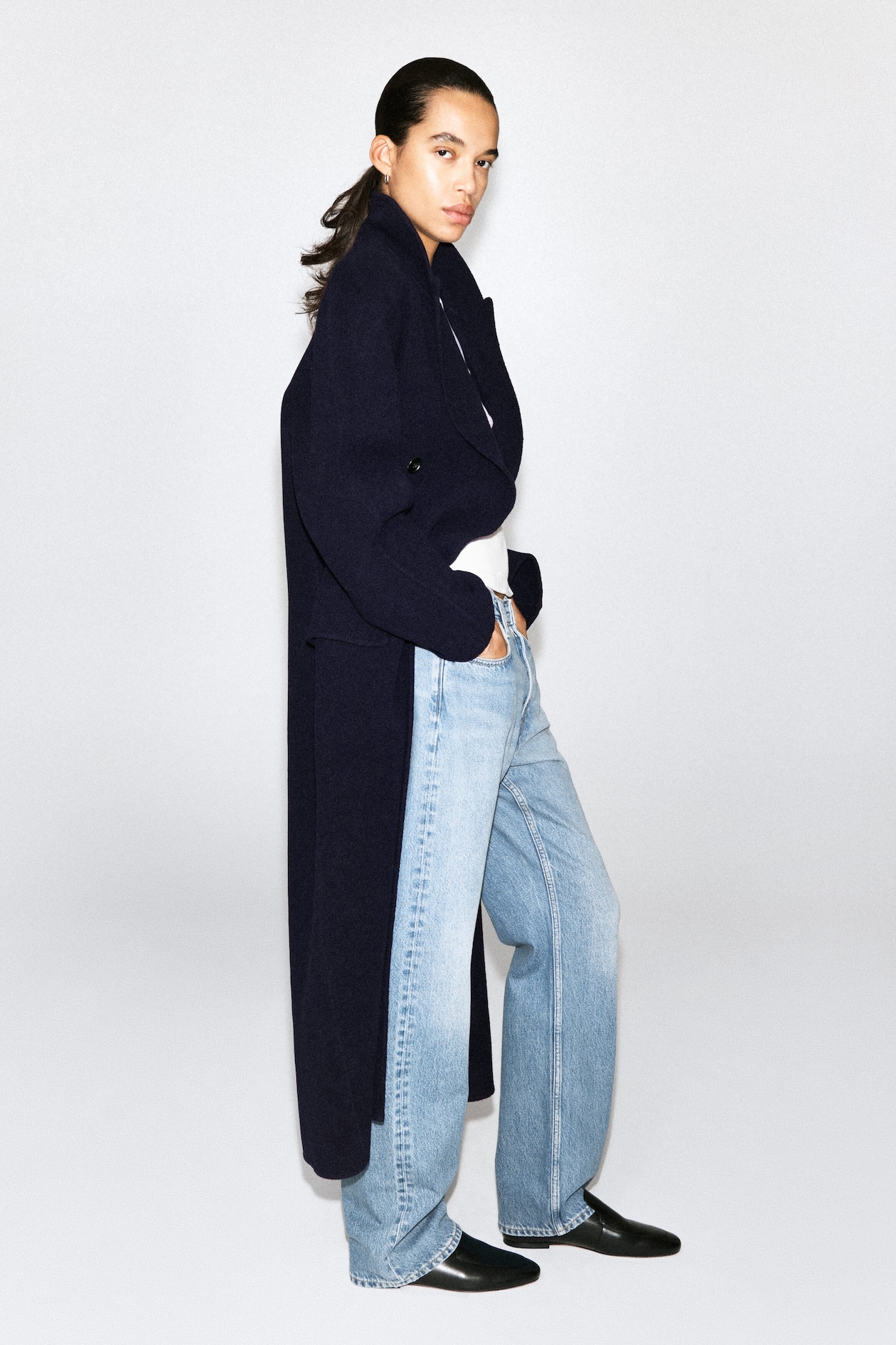 TAILORED DOUBLE-FACED WOOL LONG COAT — NAVY
