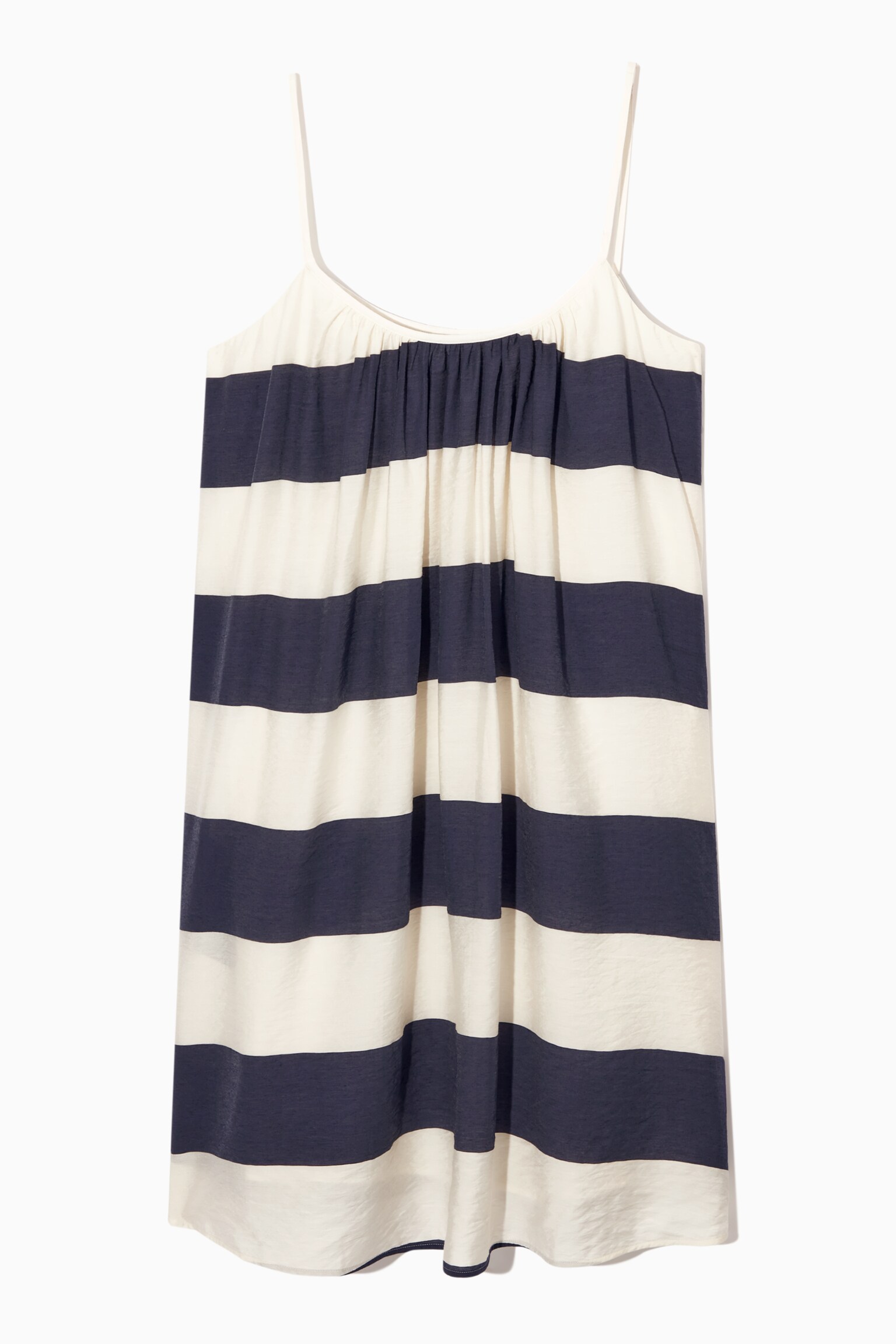 ROBE COURTE FRONCÉE À BRETELLES - BLANC / MARINE / RAYÉ