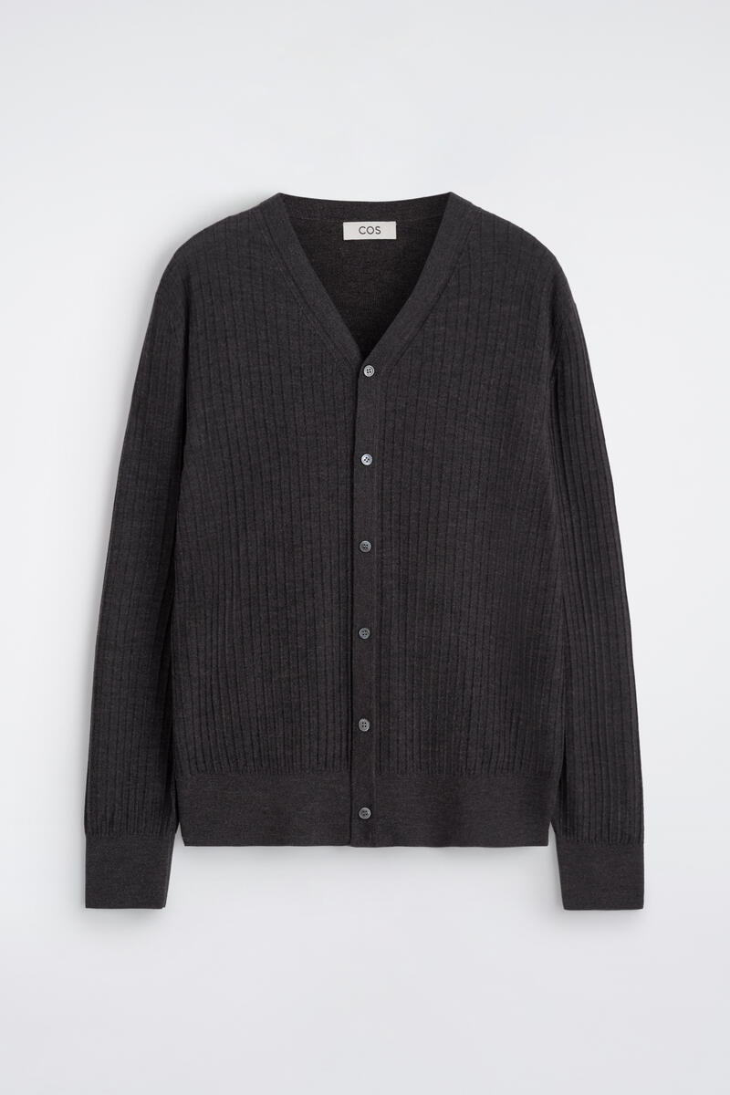 Ribbed Fine Merino Wool V-Neck Cardigan