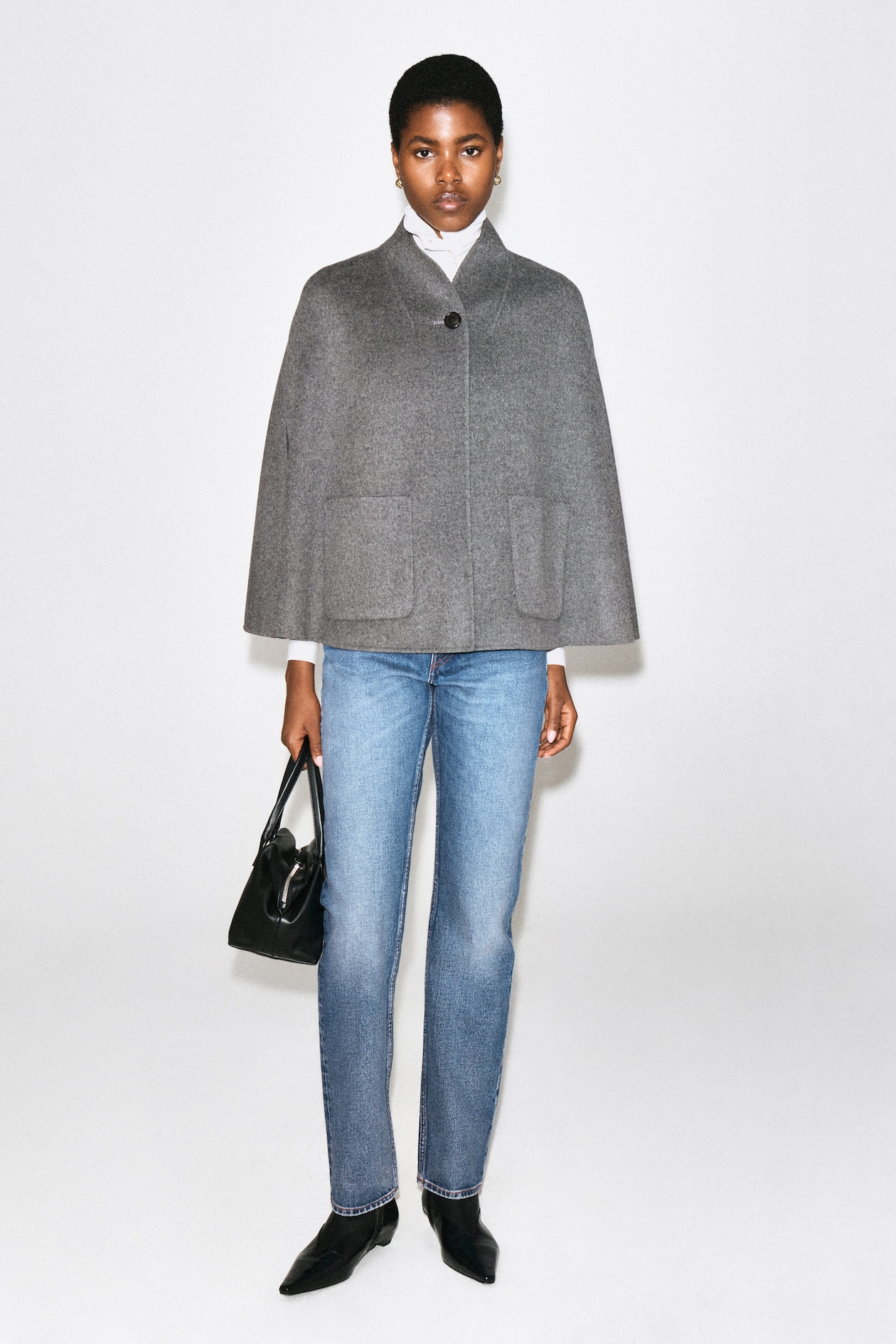SHAWL-COLLAR DOUBLE-FACED WOOL CAPE — GRAY