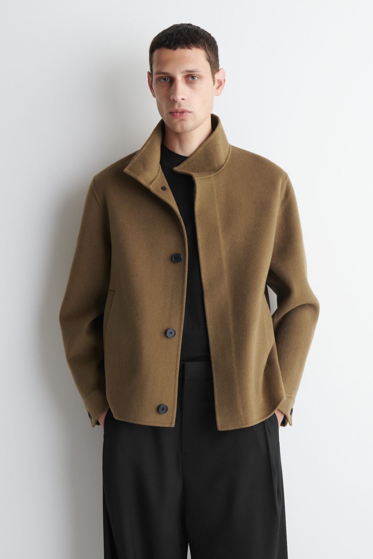 DOUBLE-FACED WOOL MOCK-NECK JACKET — DARK BEIGE