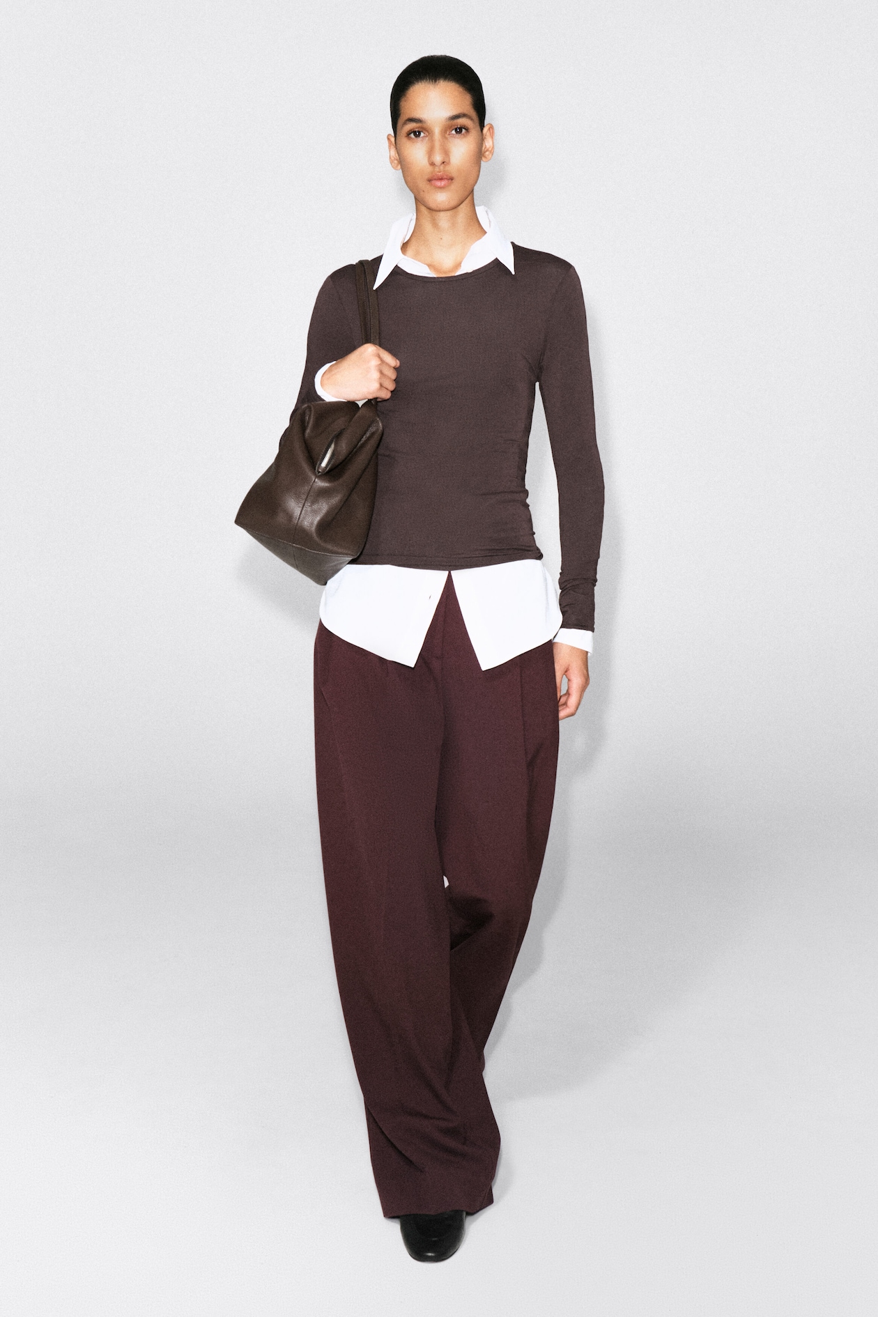 COTTON LONG-SLEEVED TOP — DARK BROWN