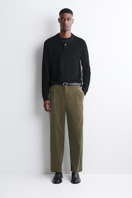 PLEATED CORDUROY RELAXED-FIT STRAIGHT-LEG TROUSERS — DARK KHAKI 1