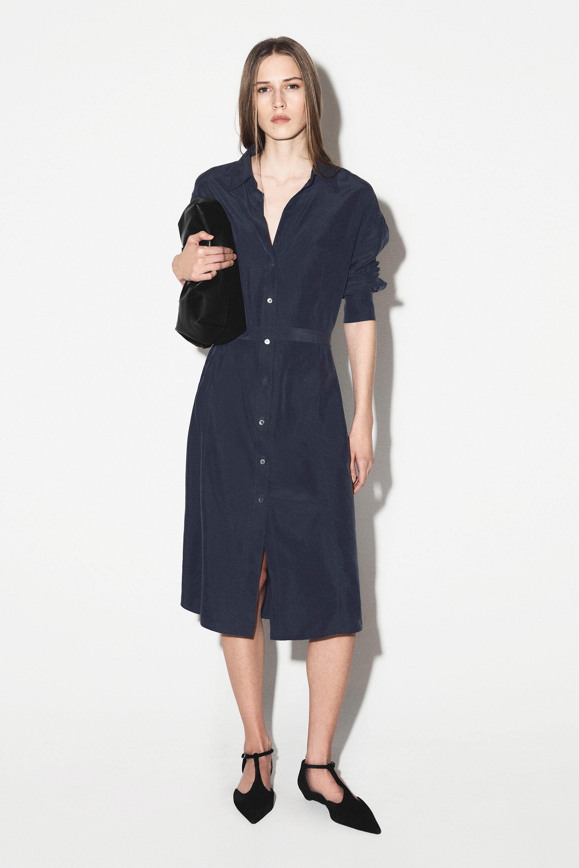 GATHERED CRINKLED-SILK MIDI SHIRT DRESS - NAVY | COS