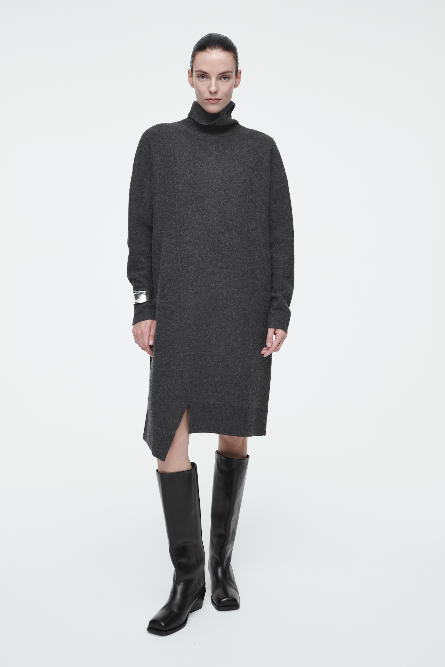 ROBE ASYMÉTRIQUE EN LAINE MÉRINOS - GRIS FONCÉ/NOIR