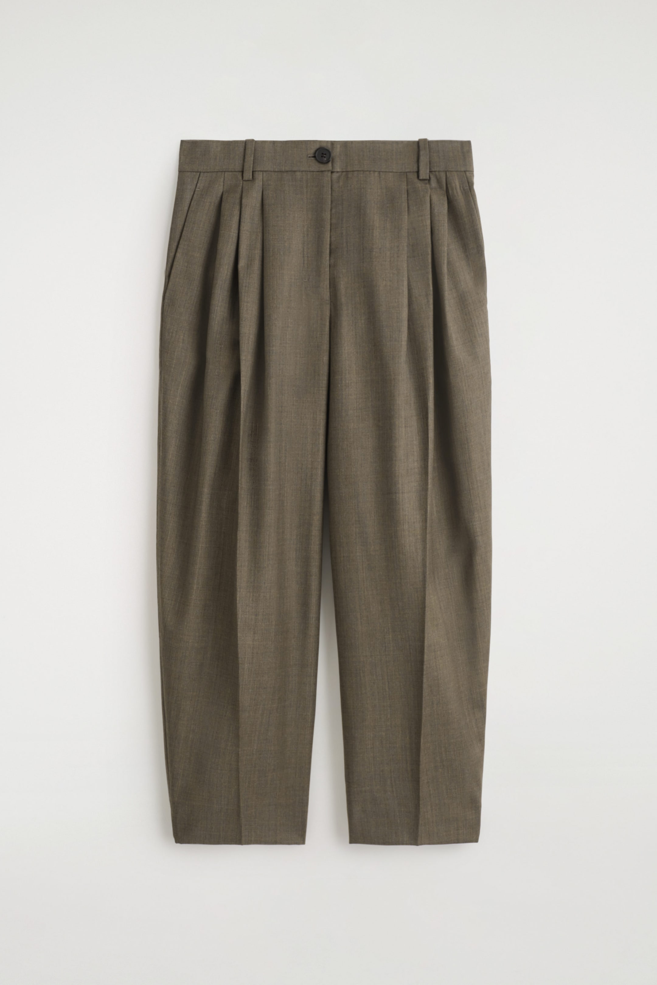 PLEATED BARREL-LEG WOOL-BLEND PANTS