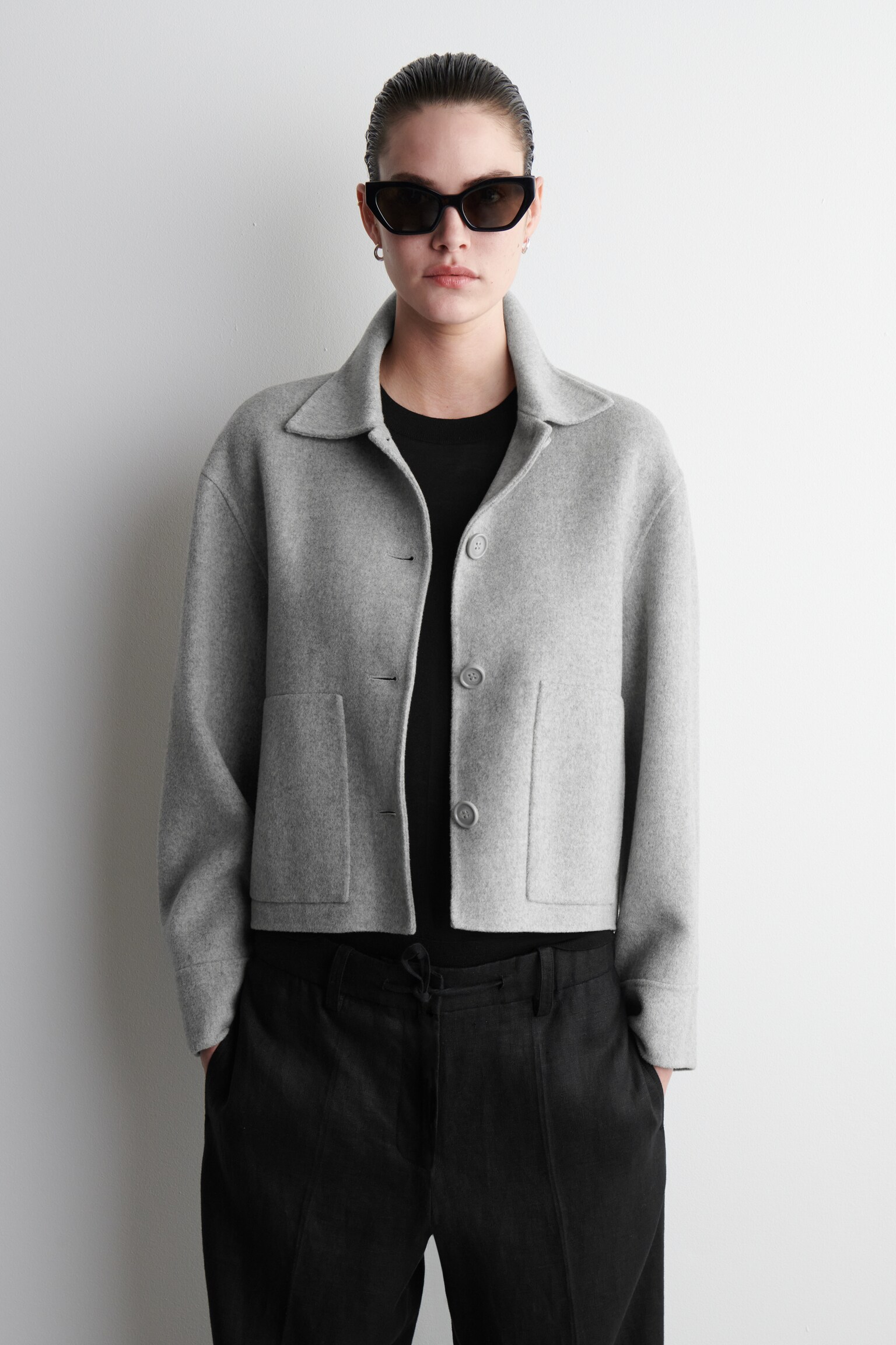BOXY DOUBLE-FACED WOOL SHORT JACKET - LIGHT GREY/KHAKI/BROWN