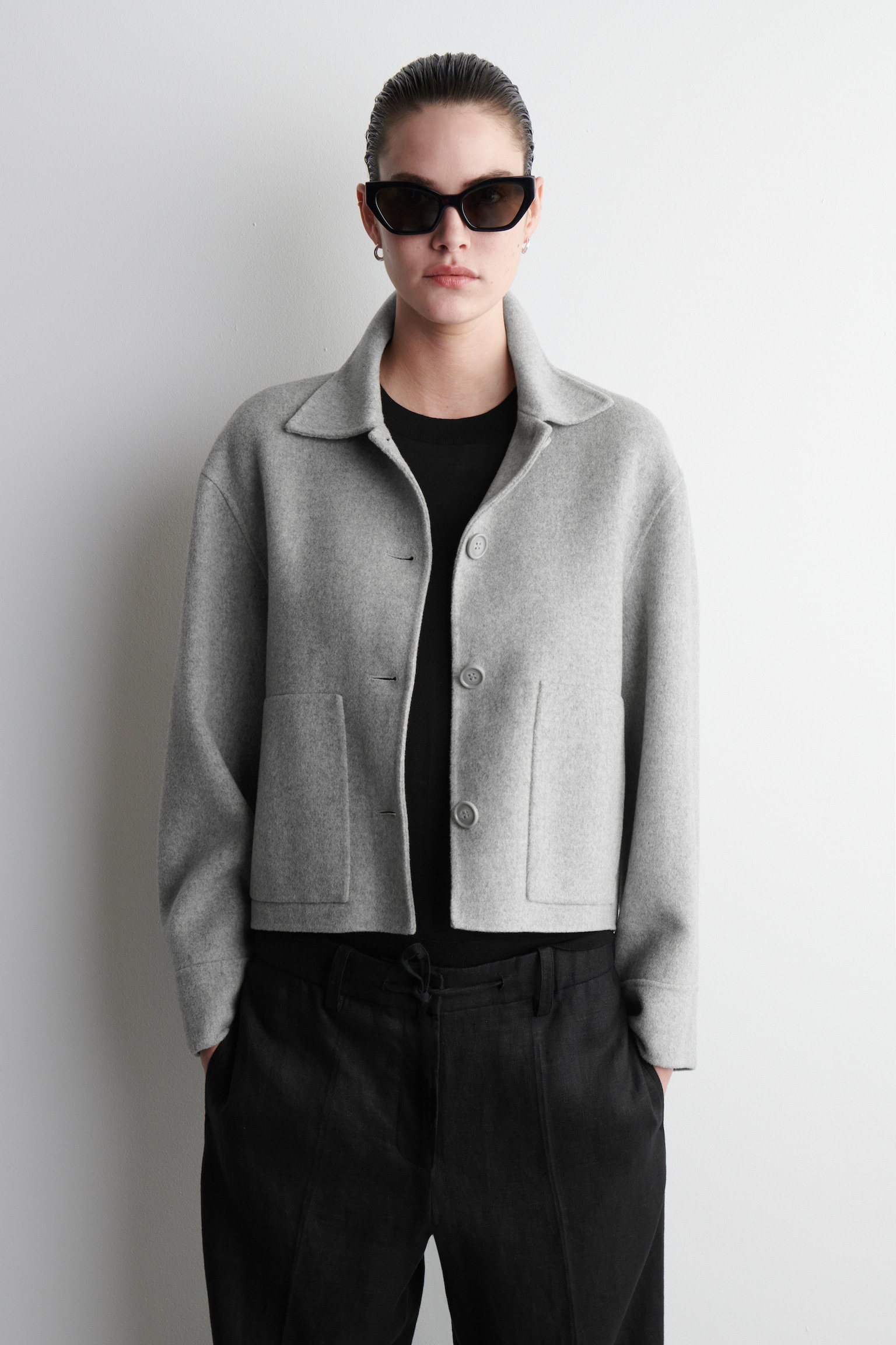 BOXY DOUBLE-FACED WOOL JACKET - LIGHT GREY/KHAKI/BROWN