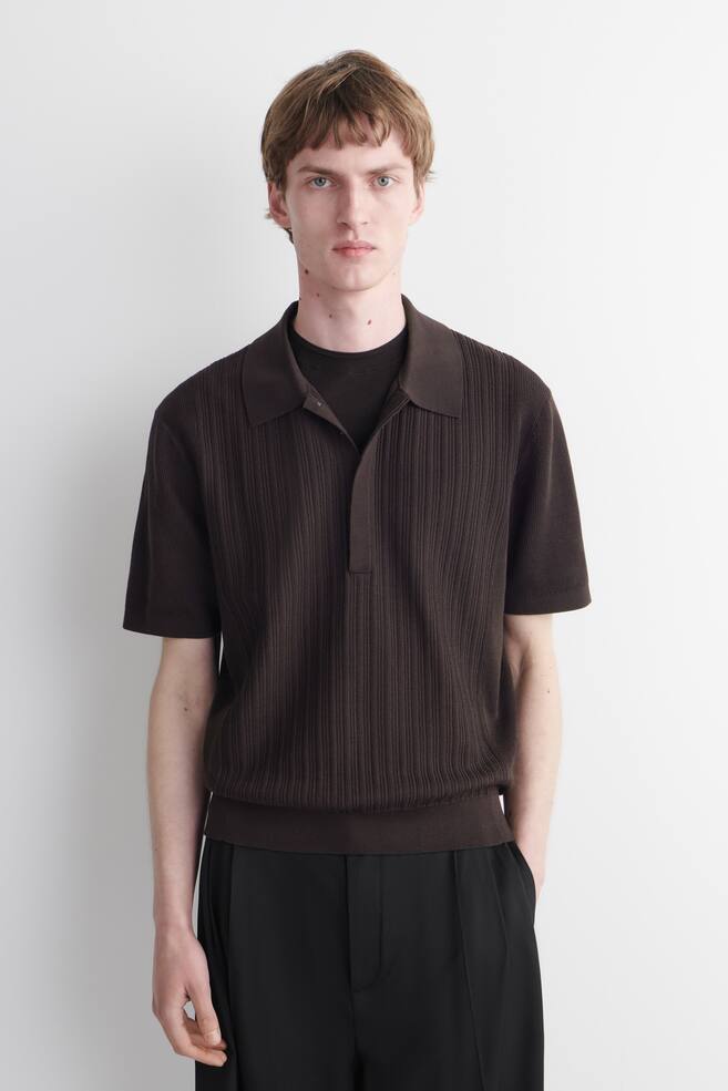 TEXTURED-PANEL COTTON POLO SHIRT - DARK BROWN/WHITE - 1