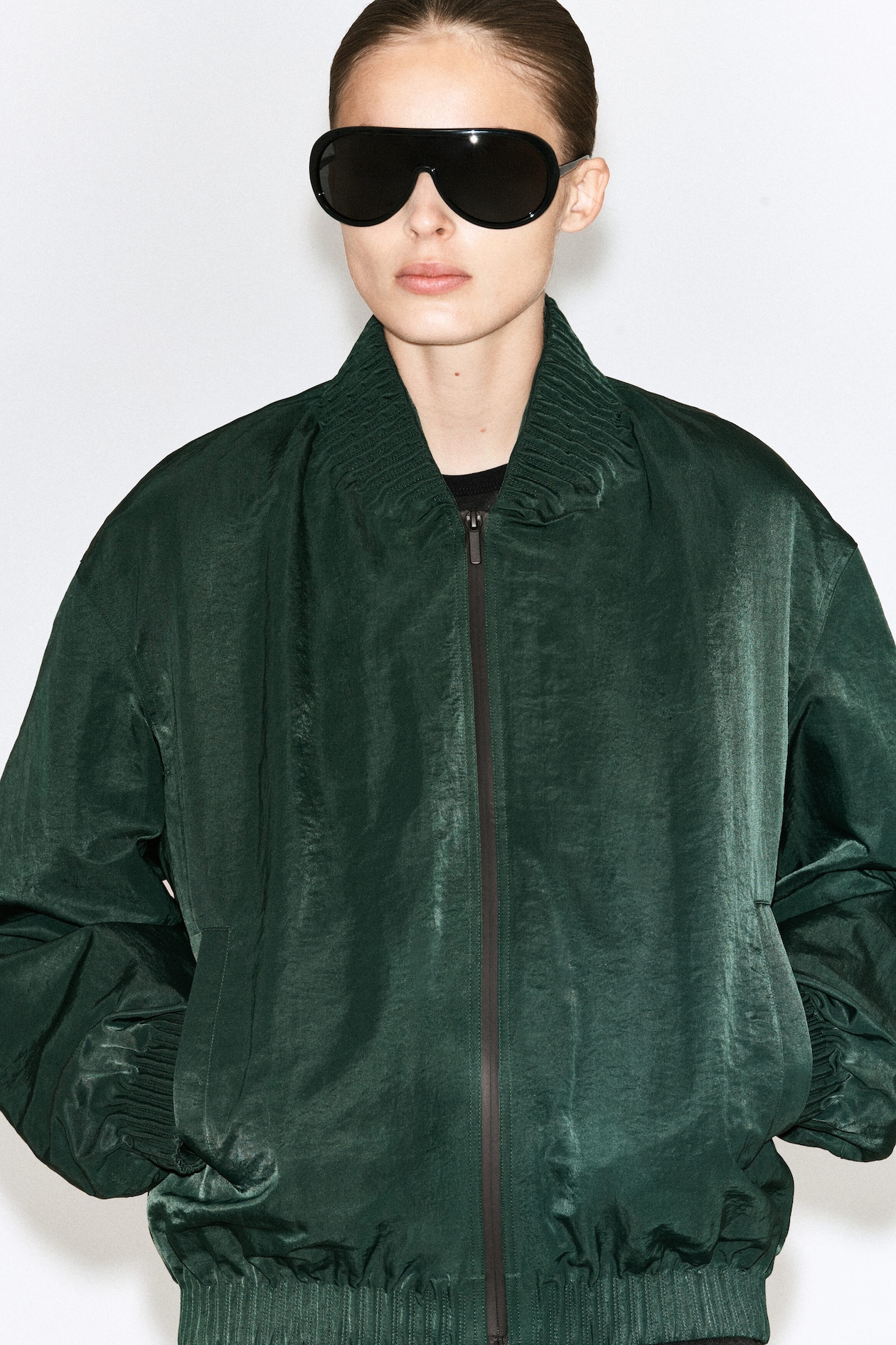 GATHERED NYLON BOMBER JACKET — DARK GREEN