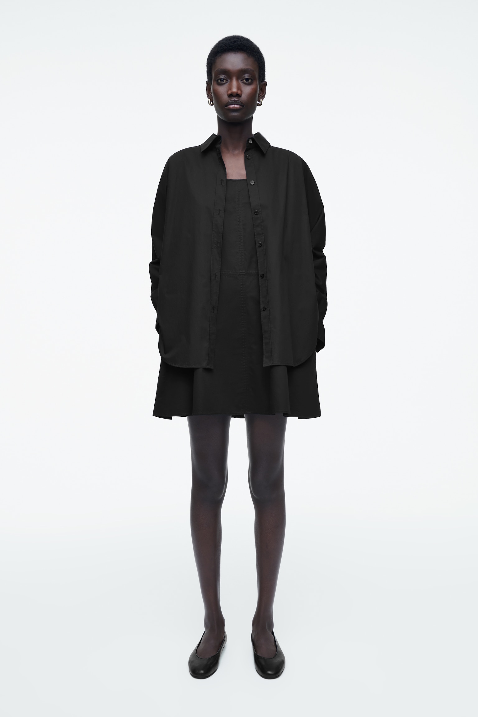 LAYERED TRAPEZE SHIRT DRESS - BLACK