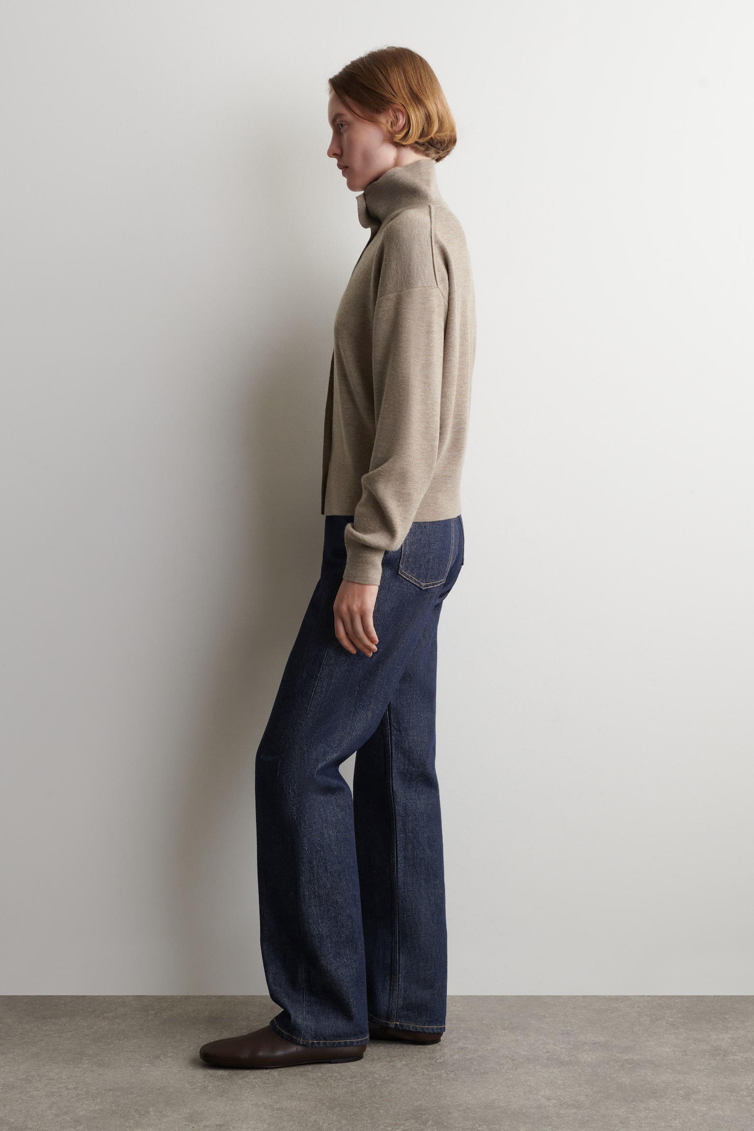 CARDIGAN À COL CHEMINÉE EN LAINE MÉRINOS - BEIGE CHINÉ/BLEU MARINE - 4