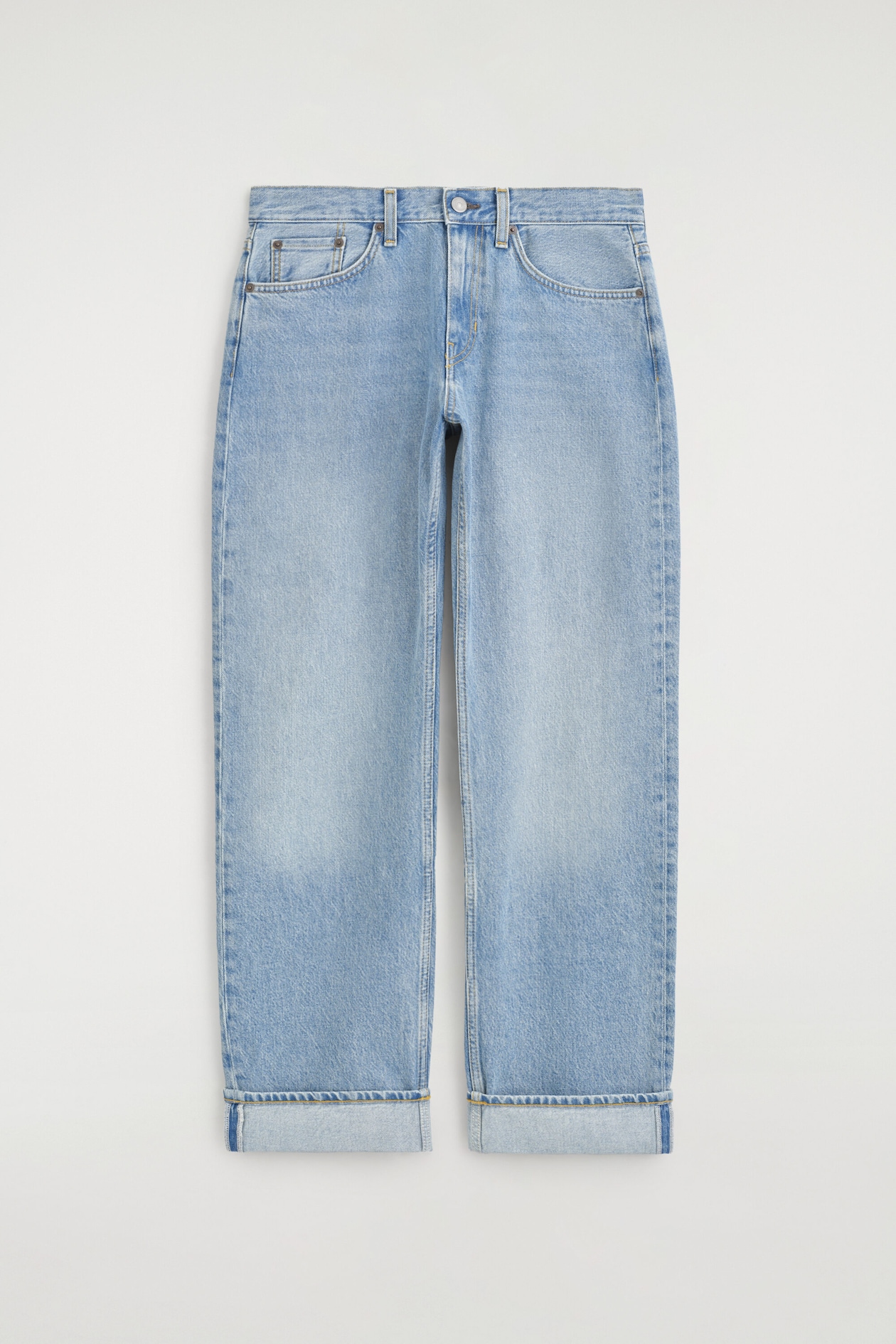 FOLDED CURVED-LEG TURN-UP JEANS — BLUE