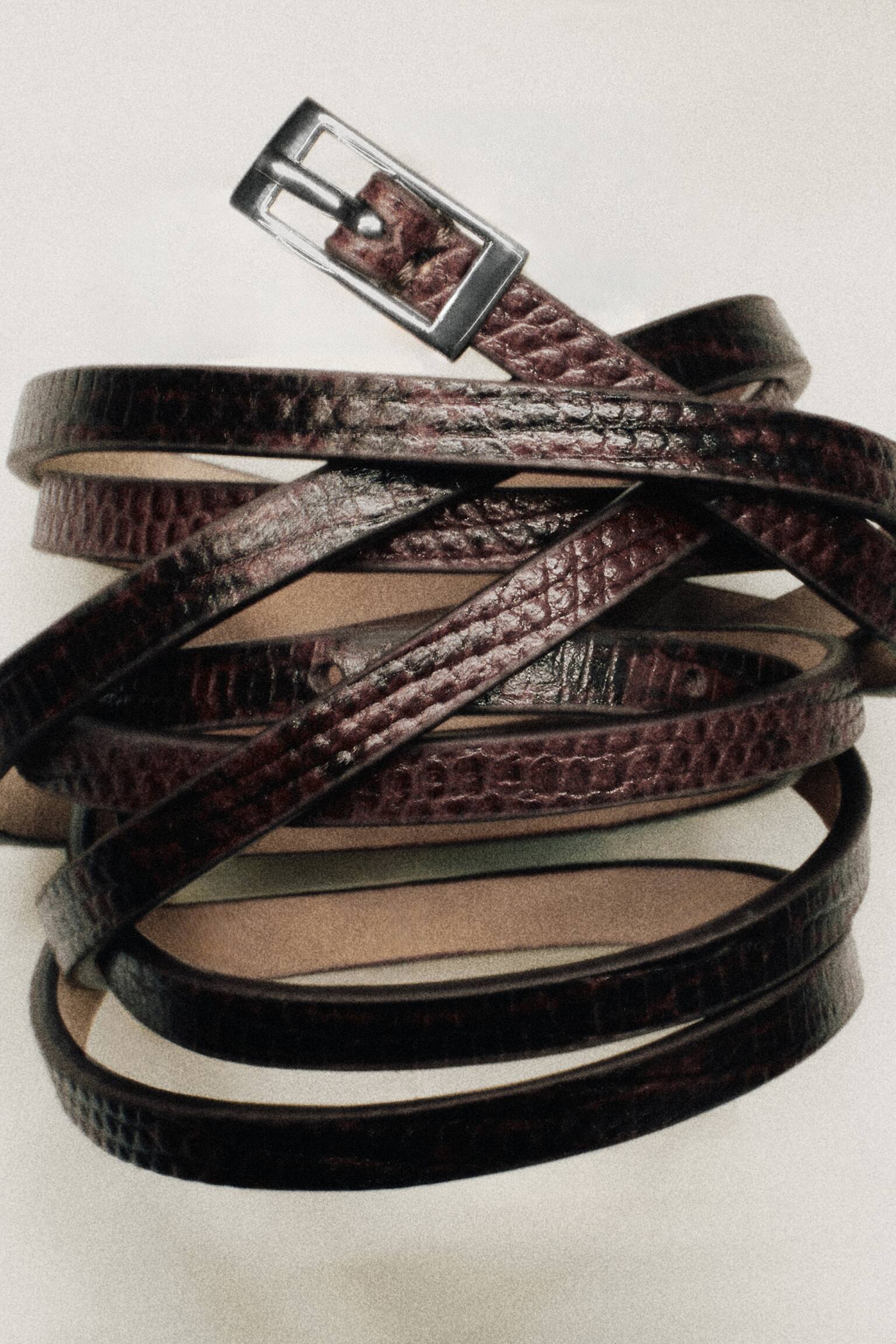 Smalle leren riem met dubbele wikkeling - Bruin / hagedis-effect - 3