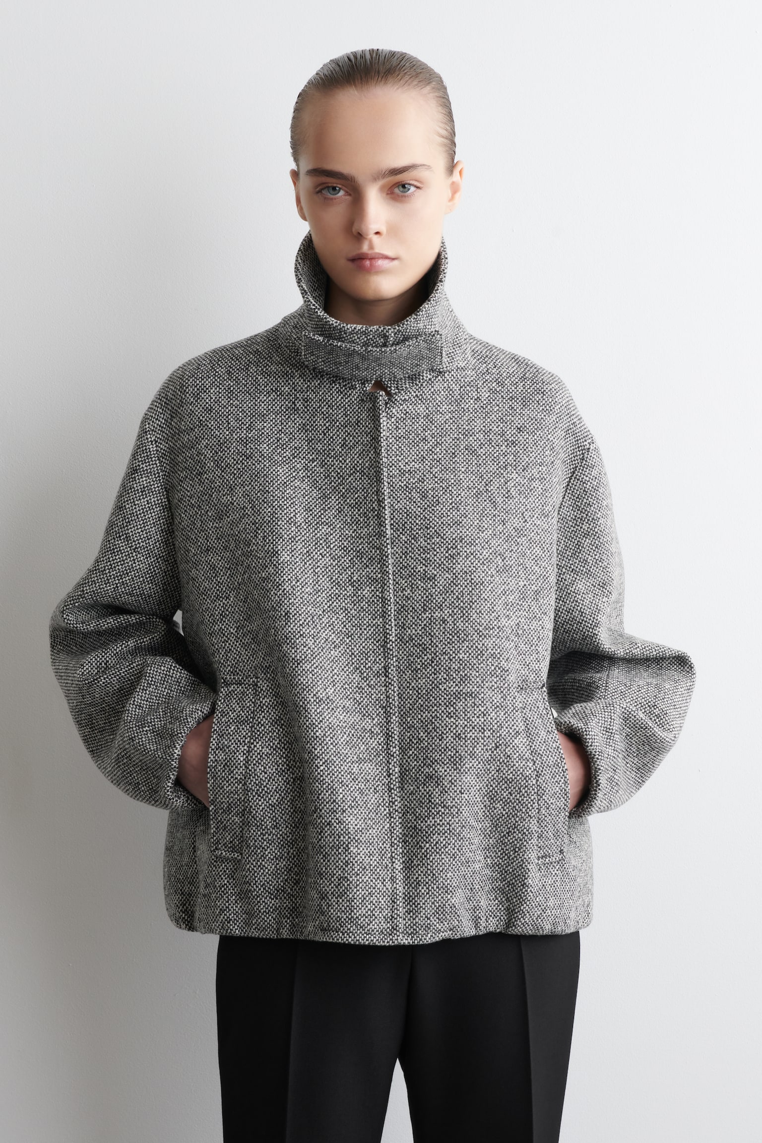 WOOL-TWEED FUNNEL-NECK JACKET - BLACK MÉLANGE - 3