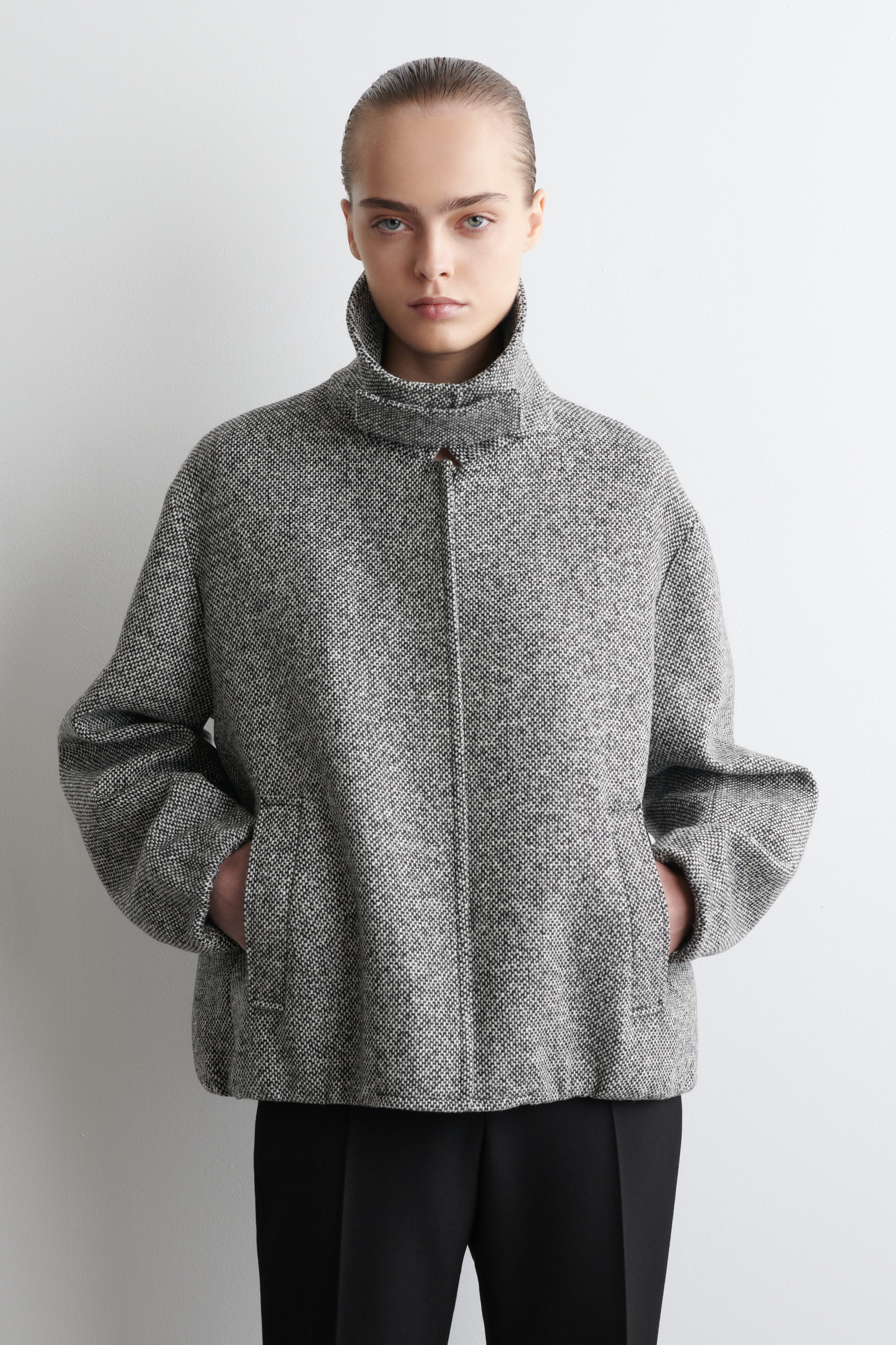 WOOL-TWEED FUNNEL-NECK JACKET - BLACK MÉLANGE | COS
