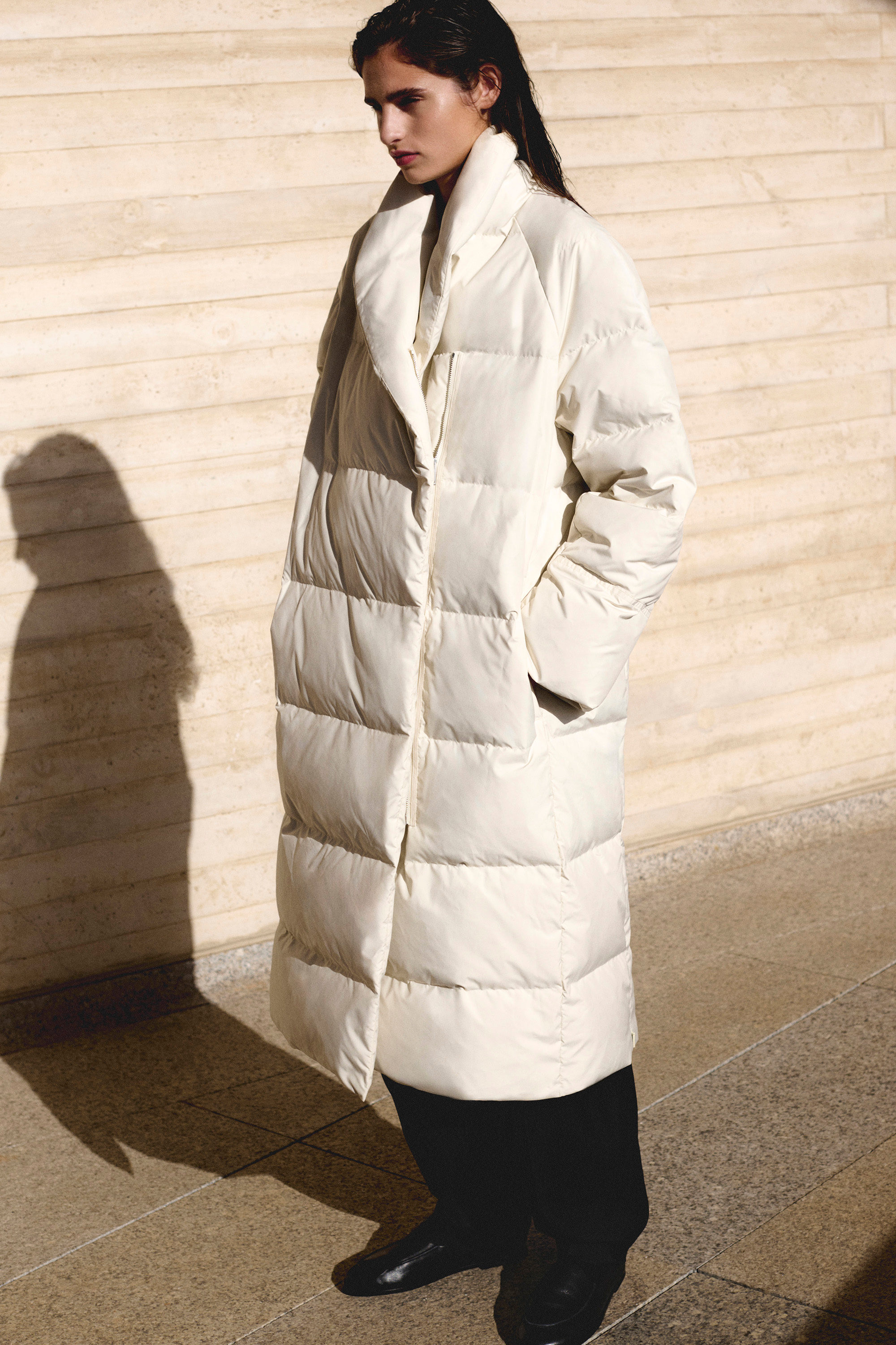 SHAWL-COLLAR QUILTED DOWN LONG COAT - OFF-WHITE | COS US