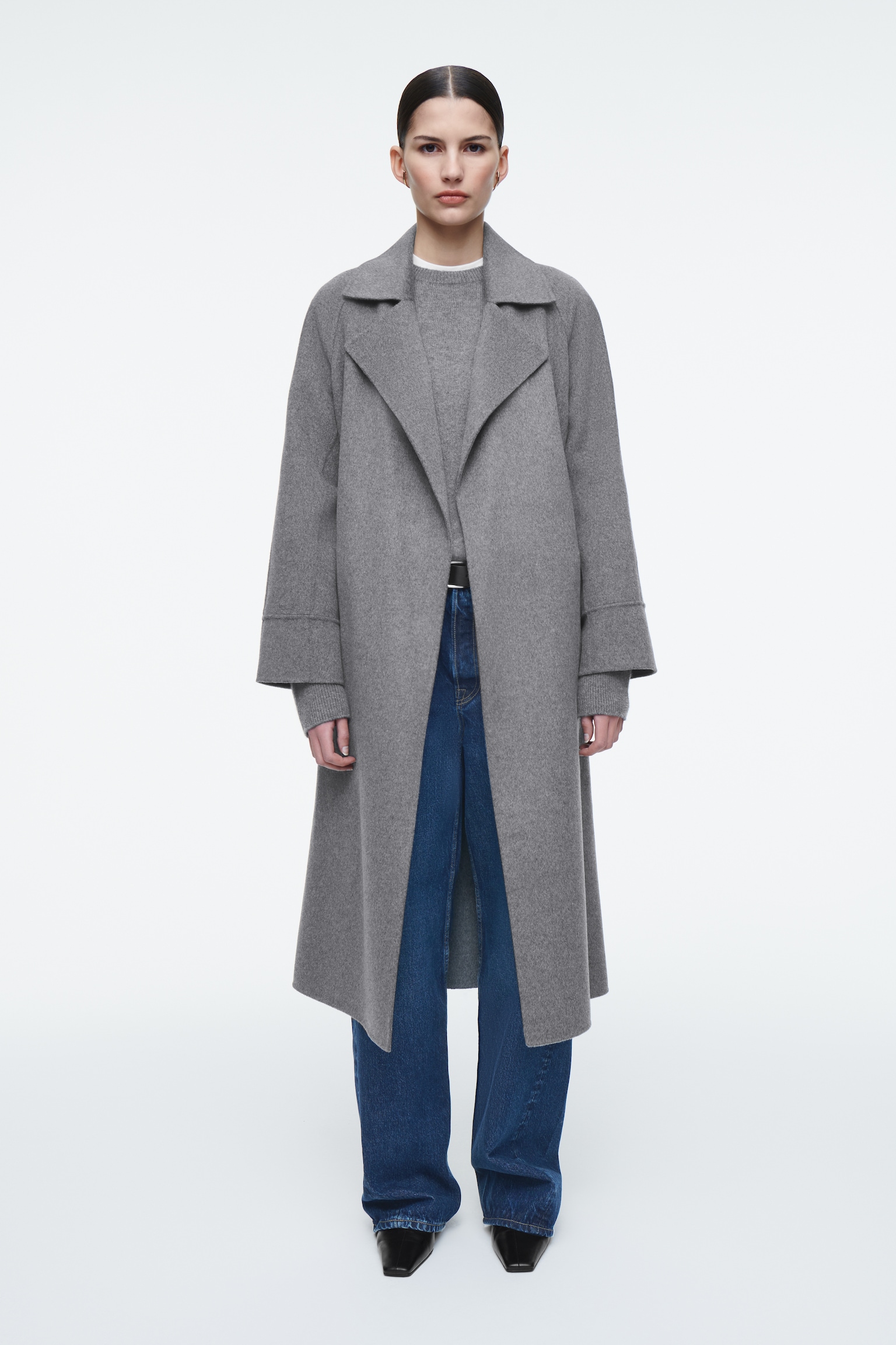 BELTED DOUBLE-FACED WOOL COAT - GREY/BLACK
