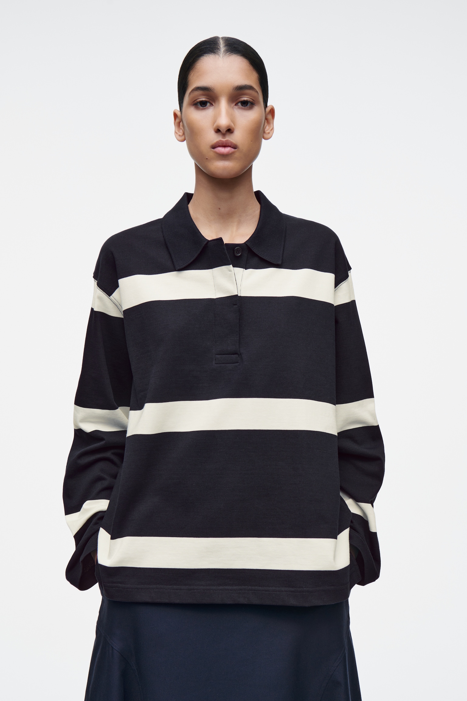 Laza szabású csíkos hosszú ujjú galléros póló - Tengerészkék / csíkos/WHITE / STRIPED