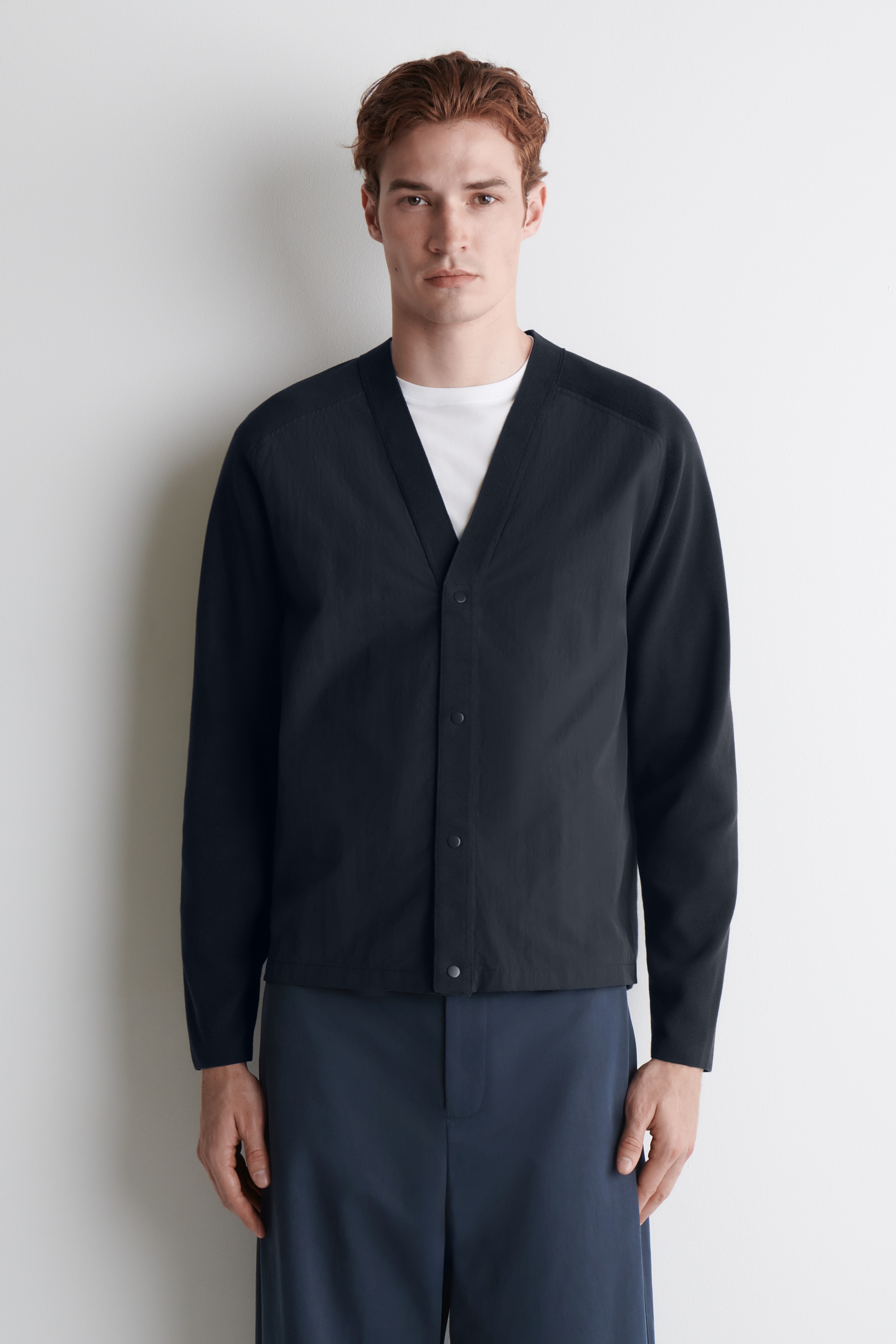 NYLON-PANELLED KNITTED CARDIGAN - NAVY