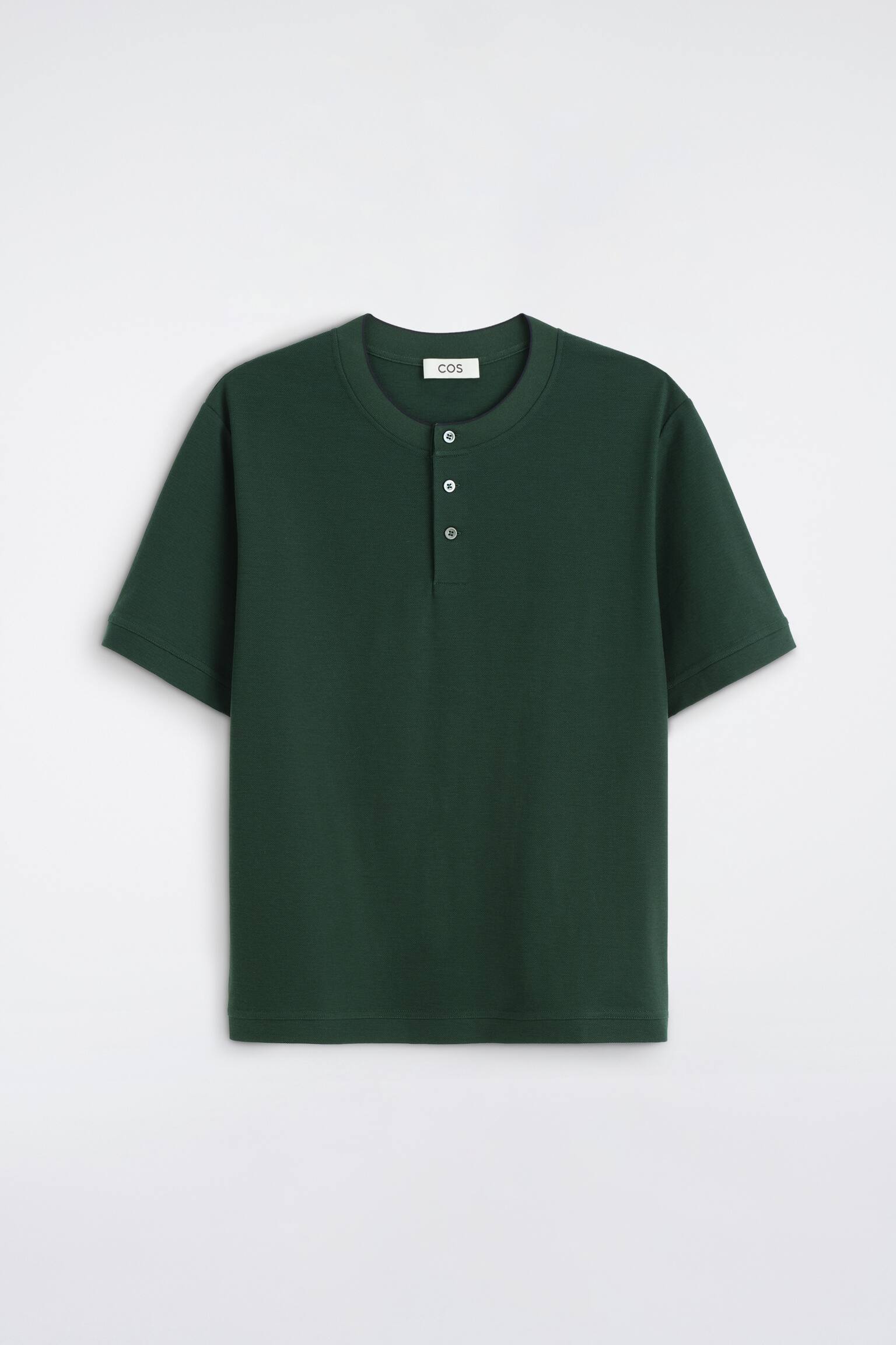 CONTRAST-TIPPED COTTON-PIQUÉ HENLEY TOP - FOREST GREEN - 1