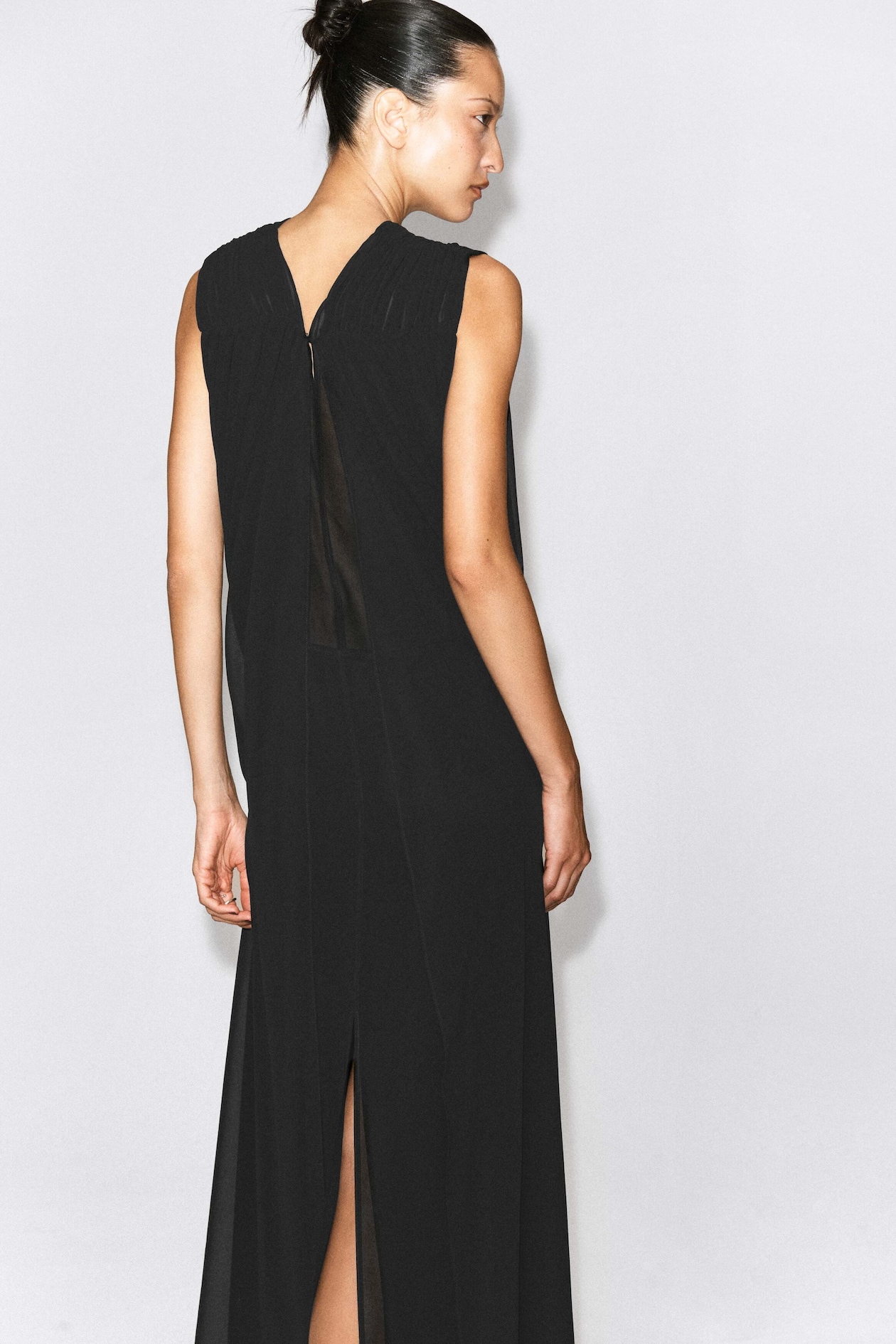 DRAPED GATHERED CHIFFON MAXI DRESS — CARBON
