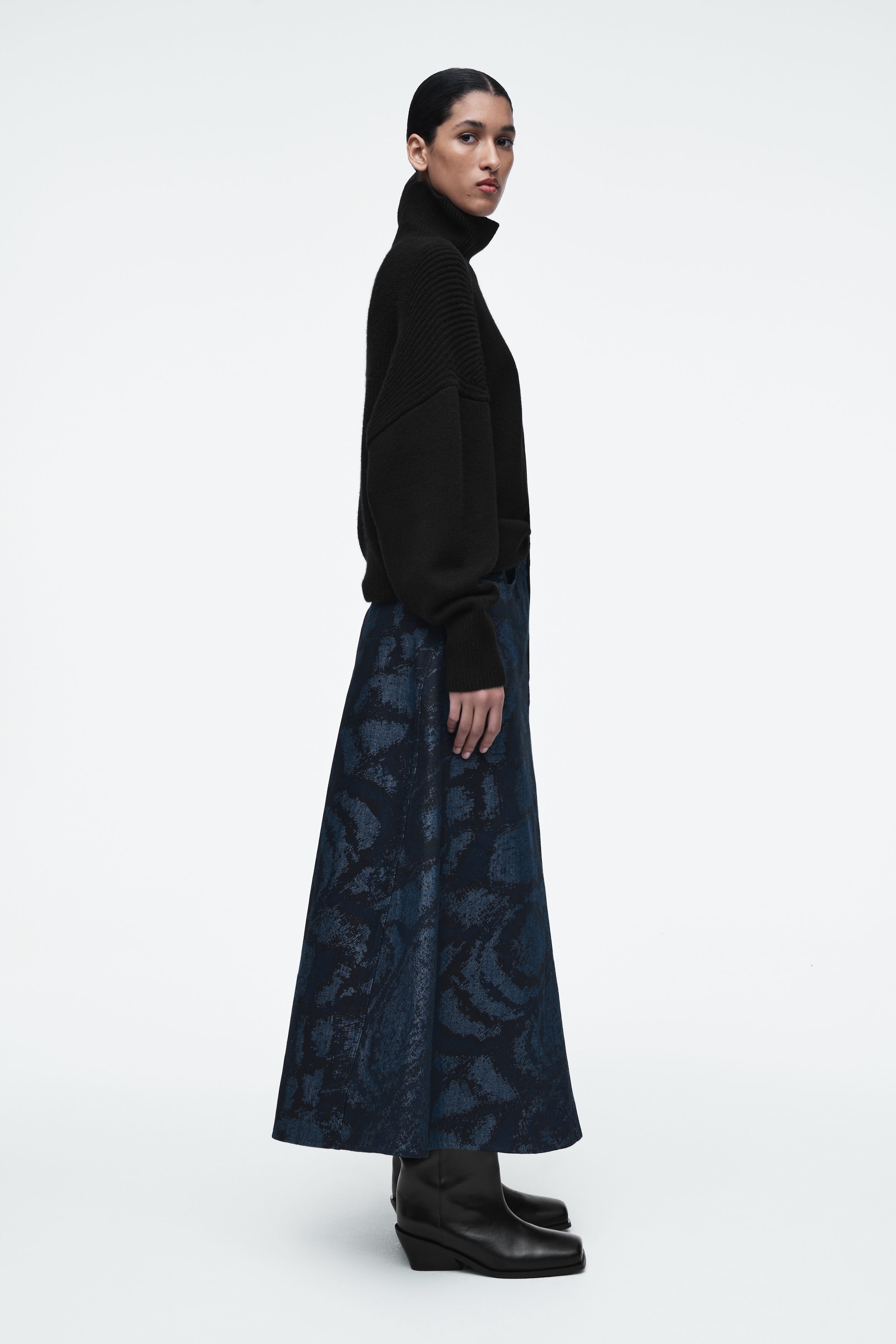 JACQUARD DENIM A-LINE MIDI SKIRT