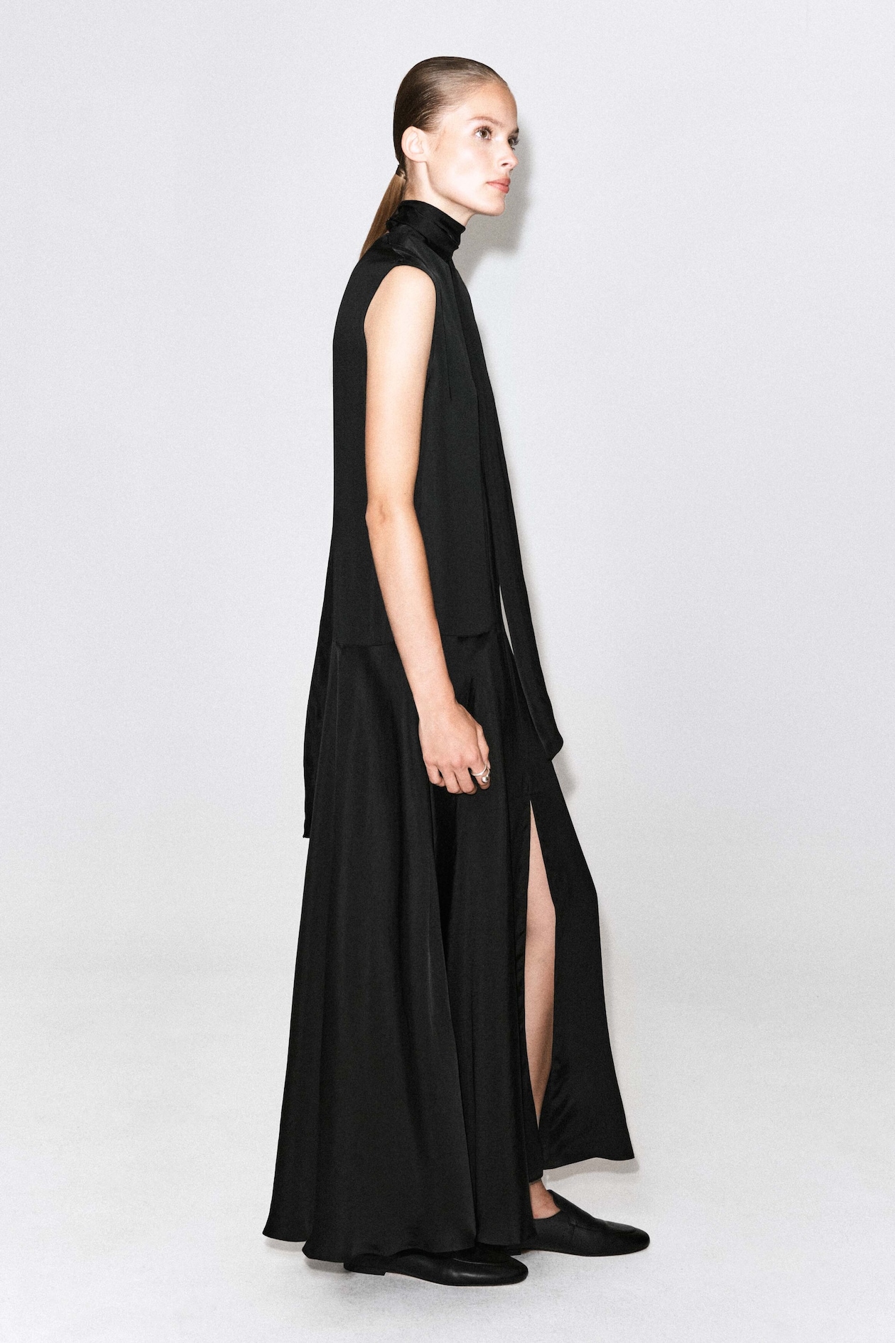 SCARF-DETAIL SATIN MAXI DRESS — CARBON