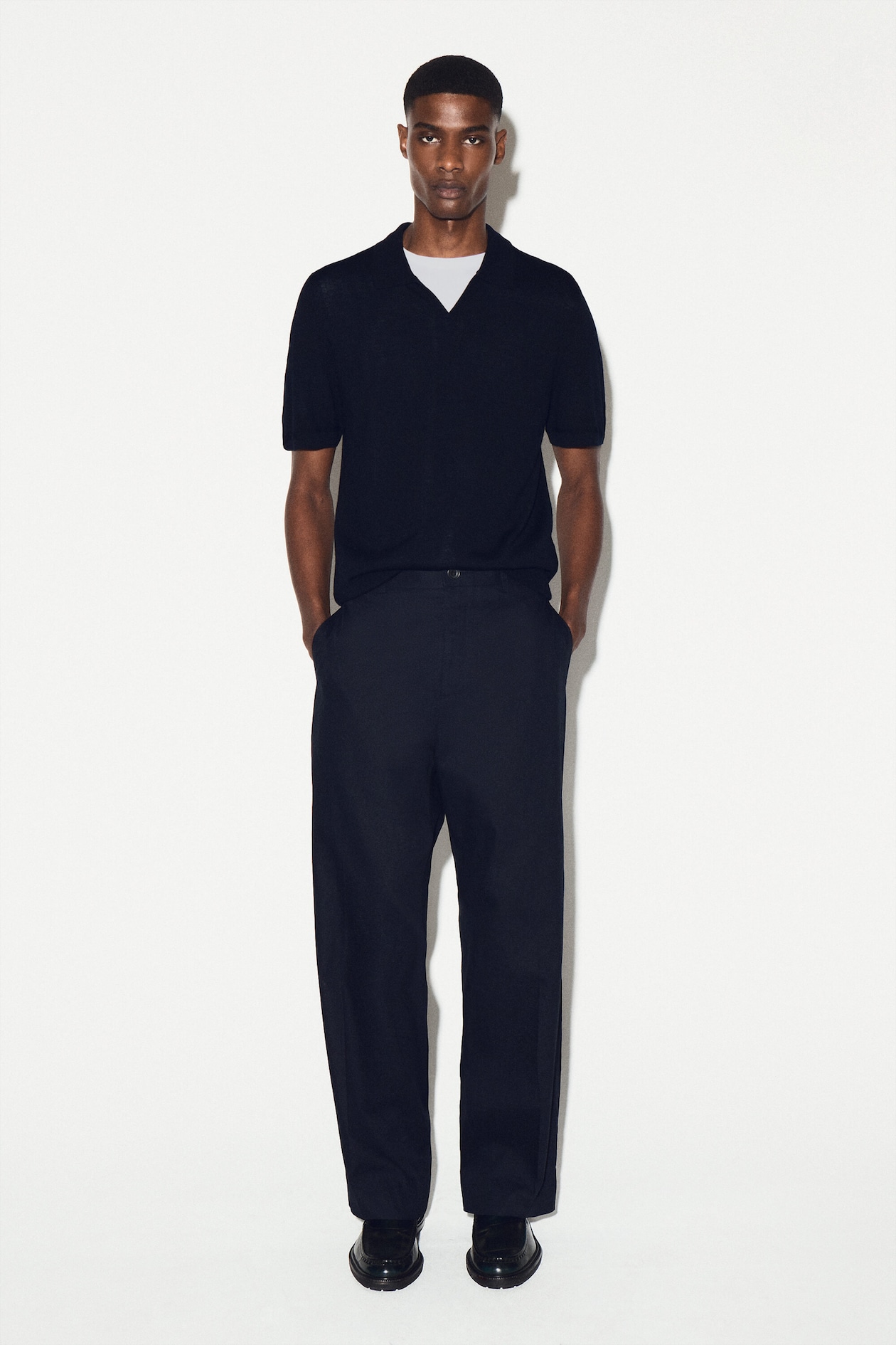 OPEN-COLLAR MERINO WOOL POLO SHIRT — NAVY