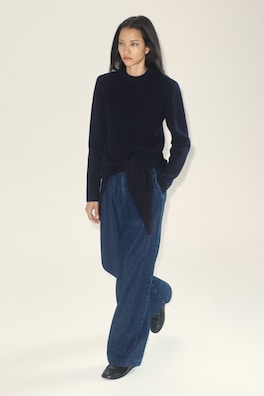 PLEATED WIDE-LEG DENIM PANTS — DARK BLUE 7