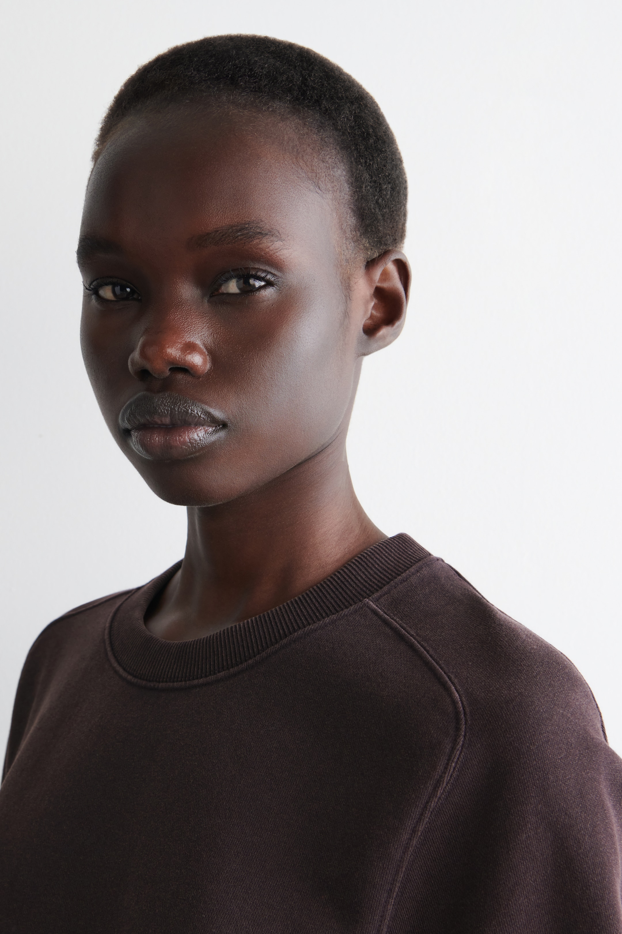 Agrandir l'image: Un sweat-shirt à col rond brun foncé est présenté, avec un col côtelé et des coutures de manches raglan visibles. Le sweat-shirt est légèrement incliné vers la droite, mettant en valeur son design.