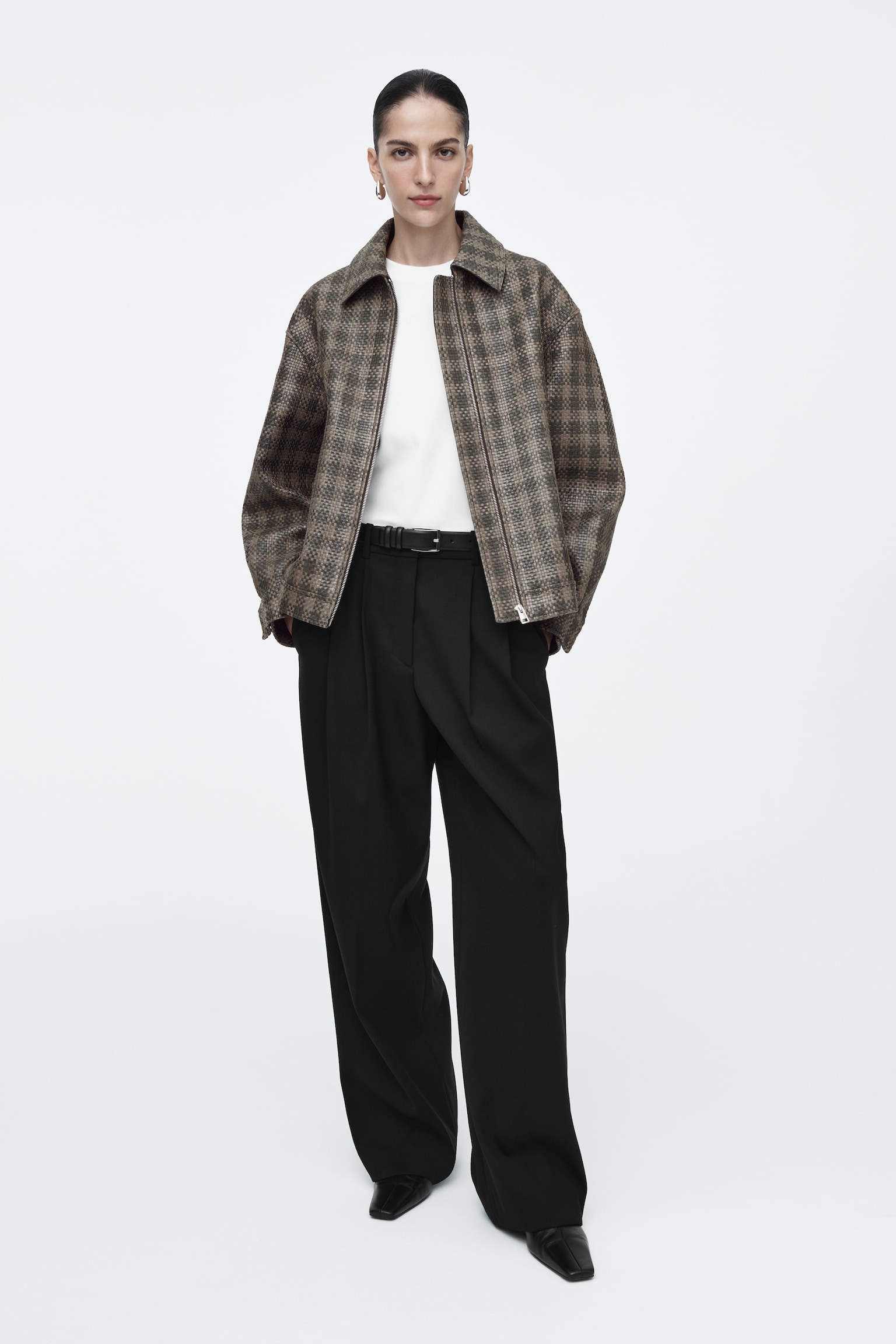 RELAXED TAILORED WOOL WIDE-LEG TROUSERS - BLACK/GREY MÉLANGE