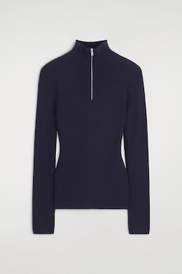 SEAMLESS MERINO WOOL ZIP-UP TOP — NAVY 8