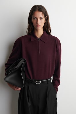 MERINO WOOL-YAK ZIP-UP POLO SHIRT — BURGUNDY 1