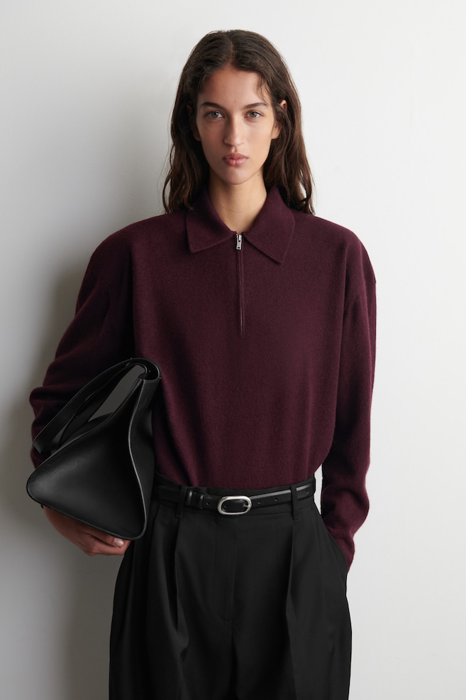 MERINO WOOL-YAK ZIP-UP POLO SHIRT — BURGUNDY