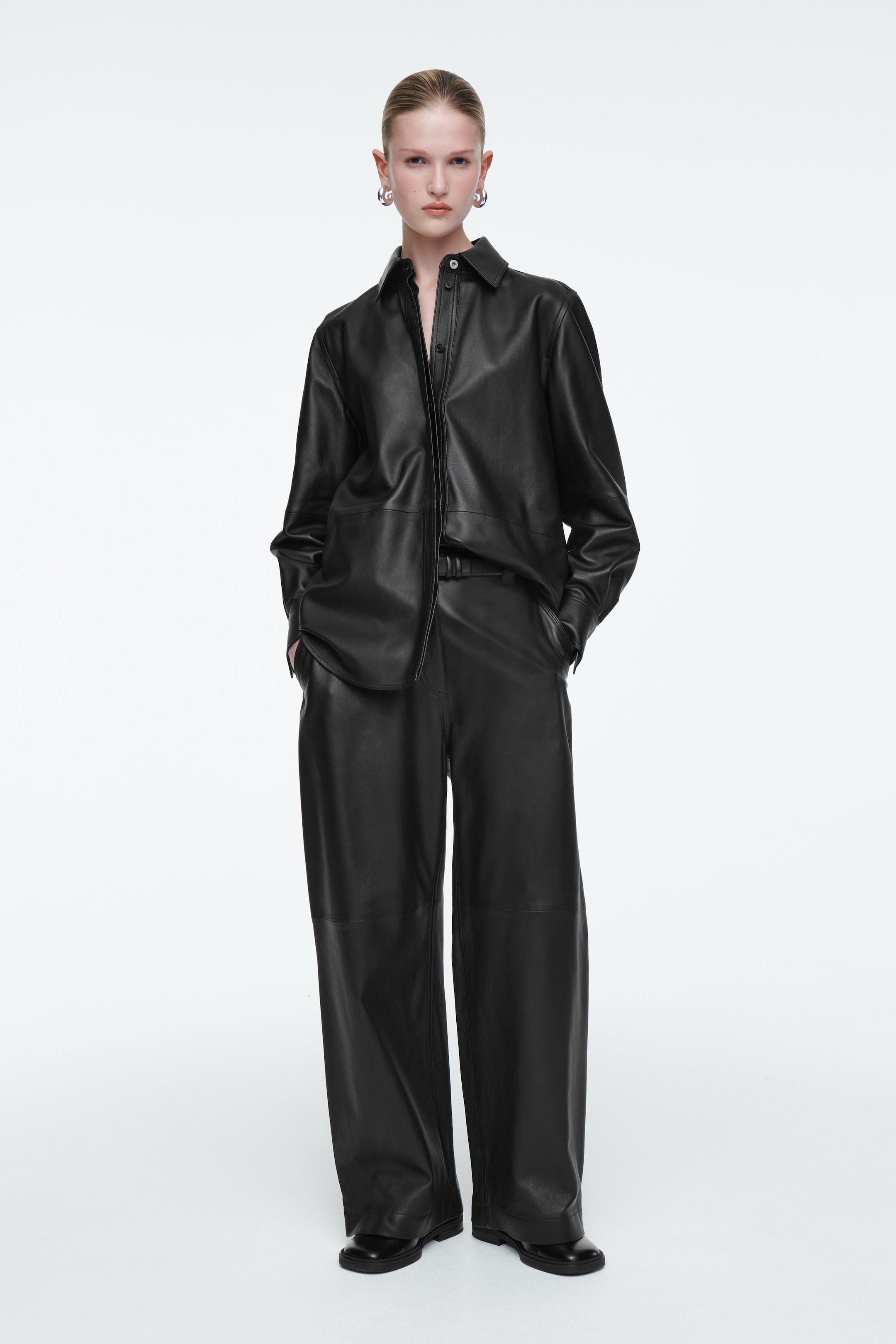 LEATHER BARREL-LEG UTILITY TROUSERS
