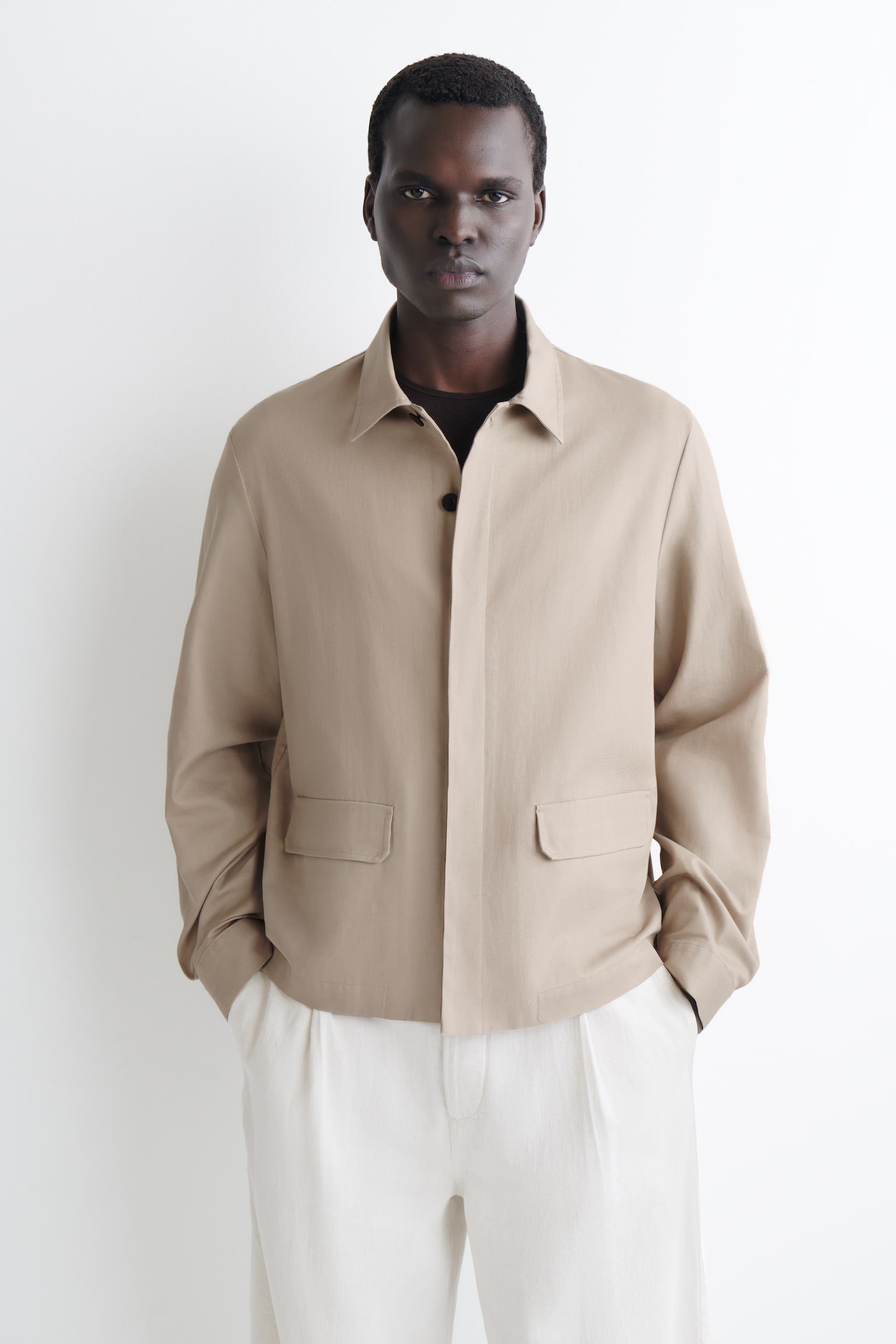AFSLAPPET BOMULDS-LINEN OVERSHIRT - BEIGE/MARINEBLÅ - 1