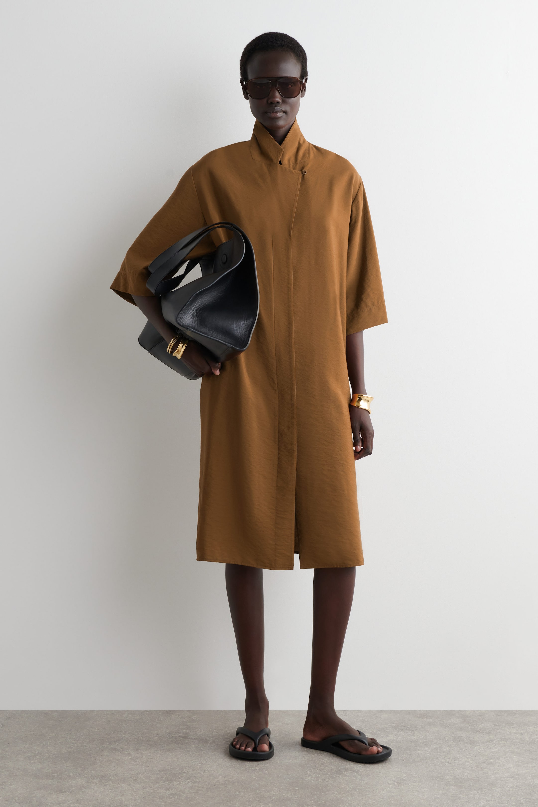 SIDE-BELT MIDI SHIRT DRESS