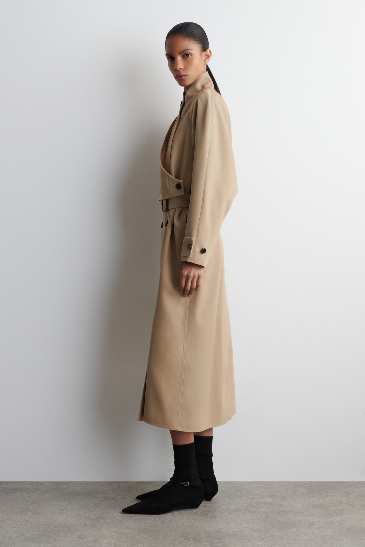 WRAP-OVER WOOL-TWILL TRENCH COAT — BEIGE