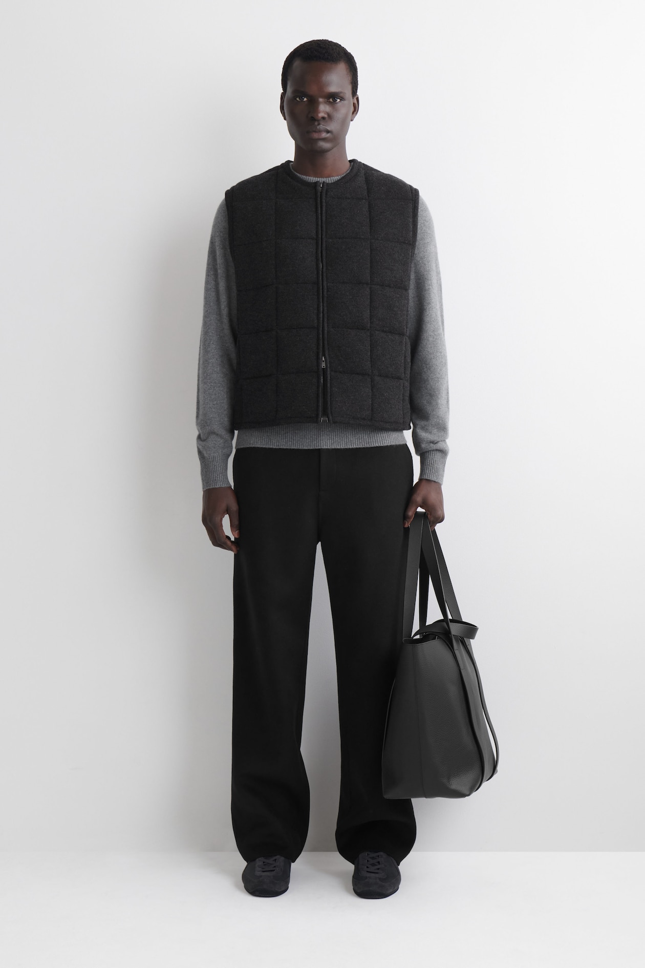 PADDED QUILTED KNITTED MERINO WOOL GILET — CHARCOAL MÉLANGE