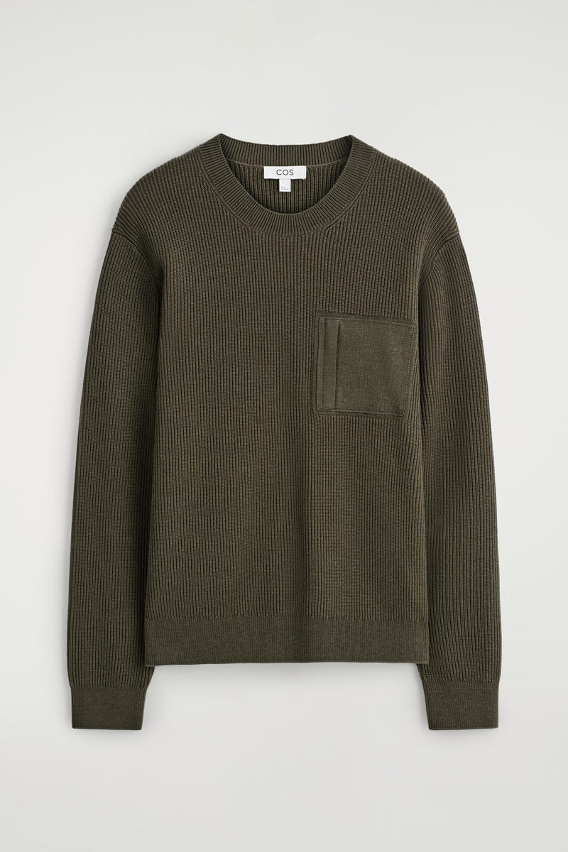 Cos Pocket-detail Wool Crew-neck Sweater In Green
