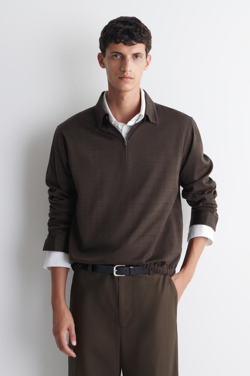 Checked Cotton-Jacquard Zip-Up Polo Shirt in Brown
