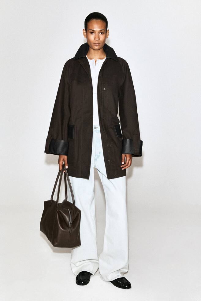 LEATHER-TRIMMED COTTON FIELD COAT - BROWN - 1